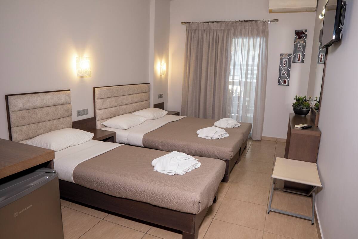 Ein Hotelzimmer mit zwei Betten, einem Schreibtisch, einem kleinen Tisch, einem Spiegel und einer Zimmerpflanze.