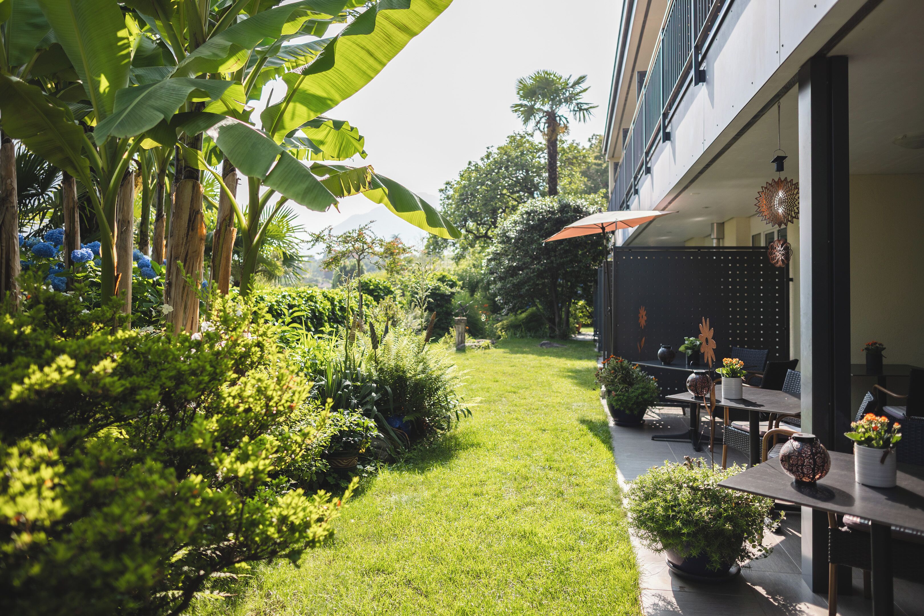 A well-maintained outdoor patio area with a grassy lawn, potted plants, and outdoor furniture.
