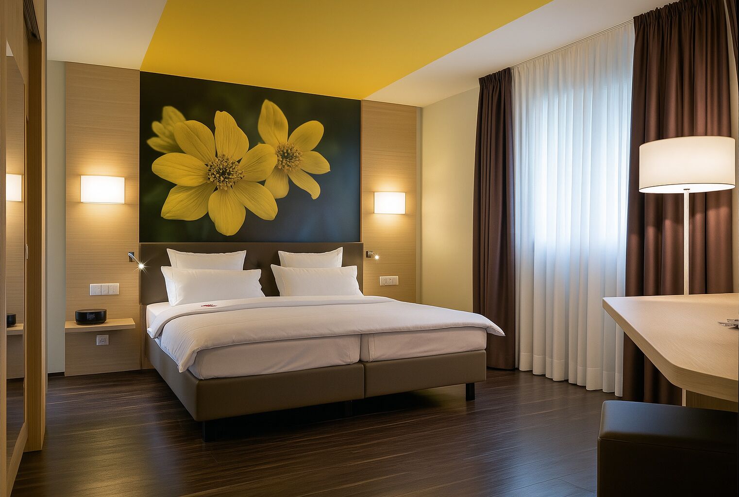 Ein modernes Hotelzimmer mit einem großen Bett, Nachttischlampen, einem Schreibtisch und einem großen floralen Wandbild.