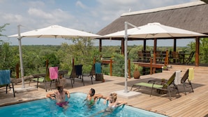 A poolside area with a wooden deck, lounge chairs, and umbrellas. - Sausage Tree Safari Camp (Hoedspruit)
