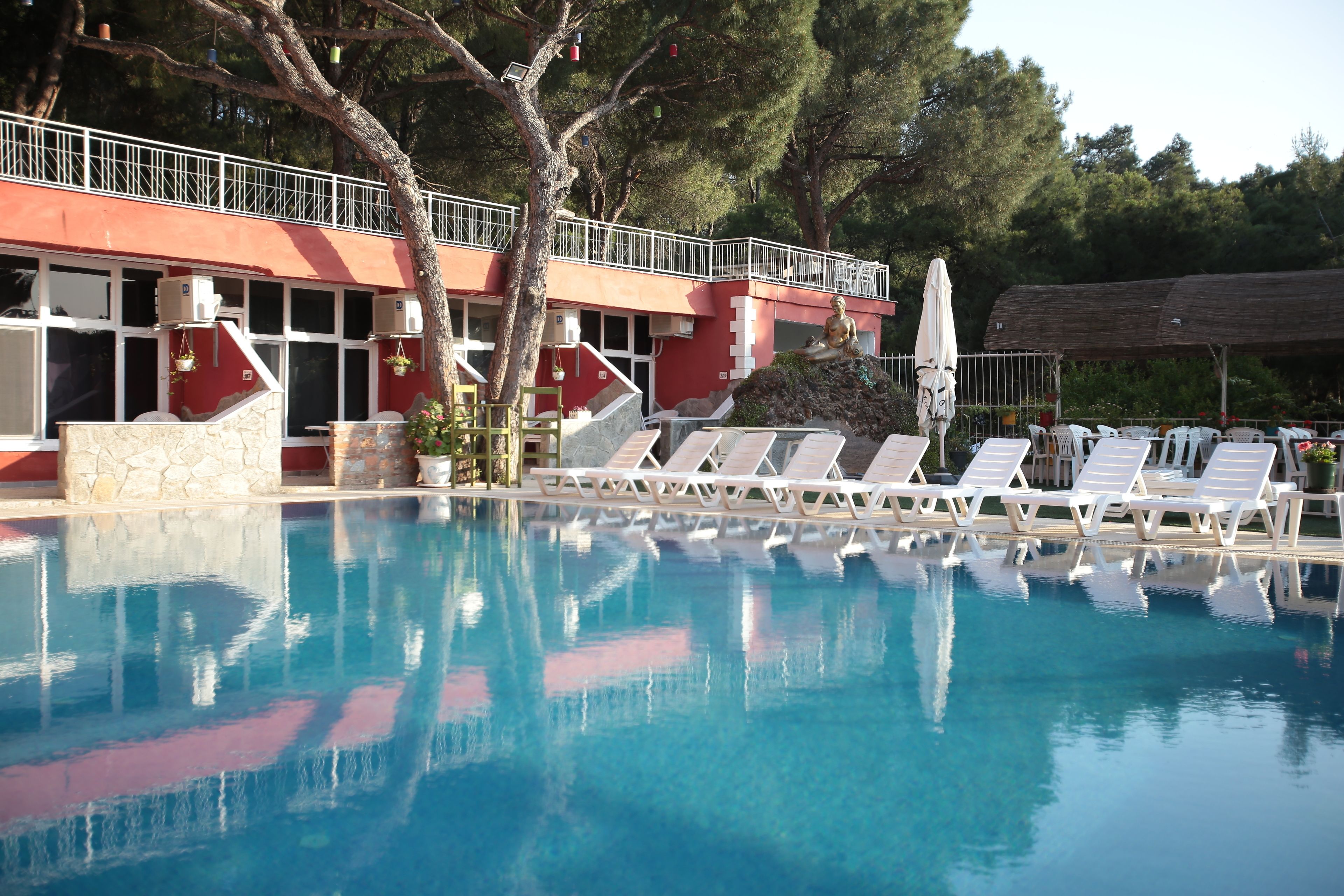 Outdoor pool, pool umbrellas, pool loungers