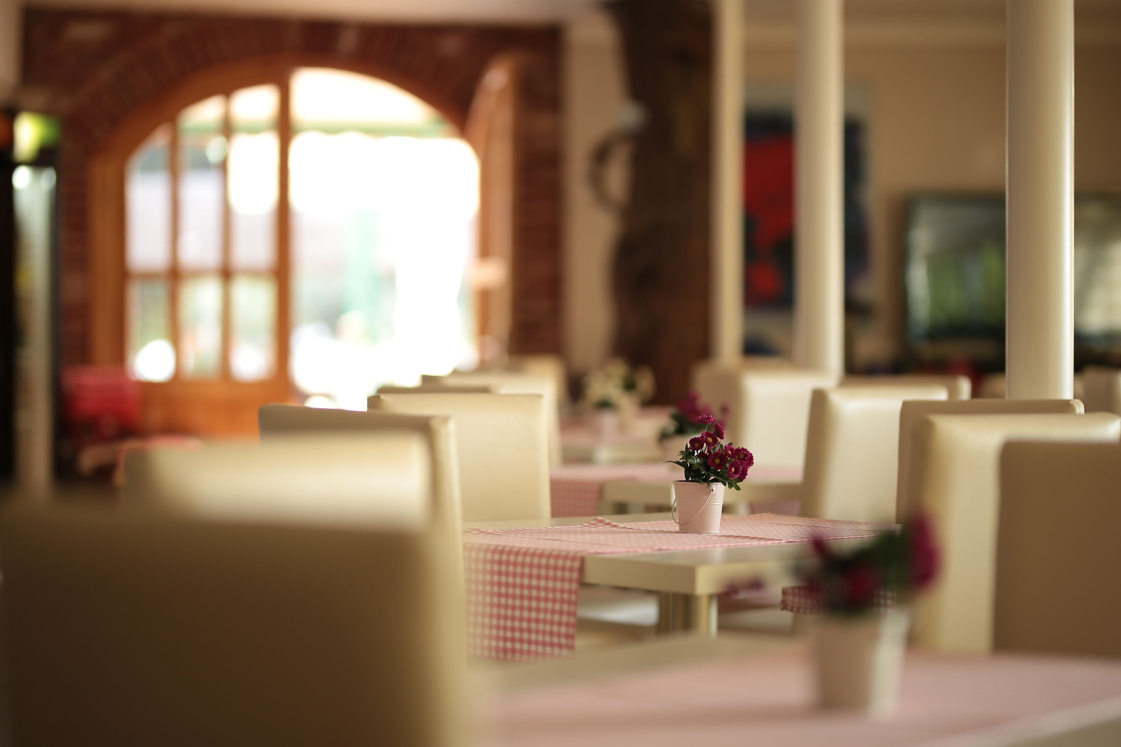 A restaurant with a brick archway, tables with pink checkered tablecloths, and small potted plants.