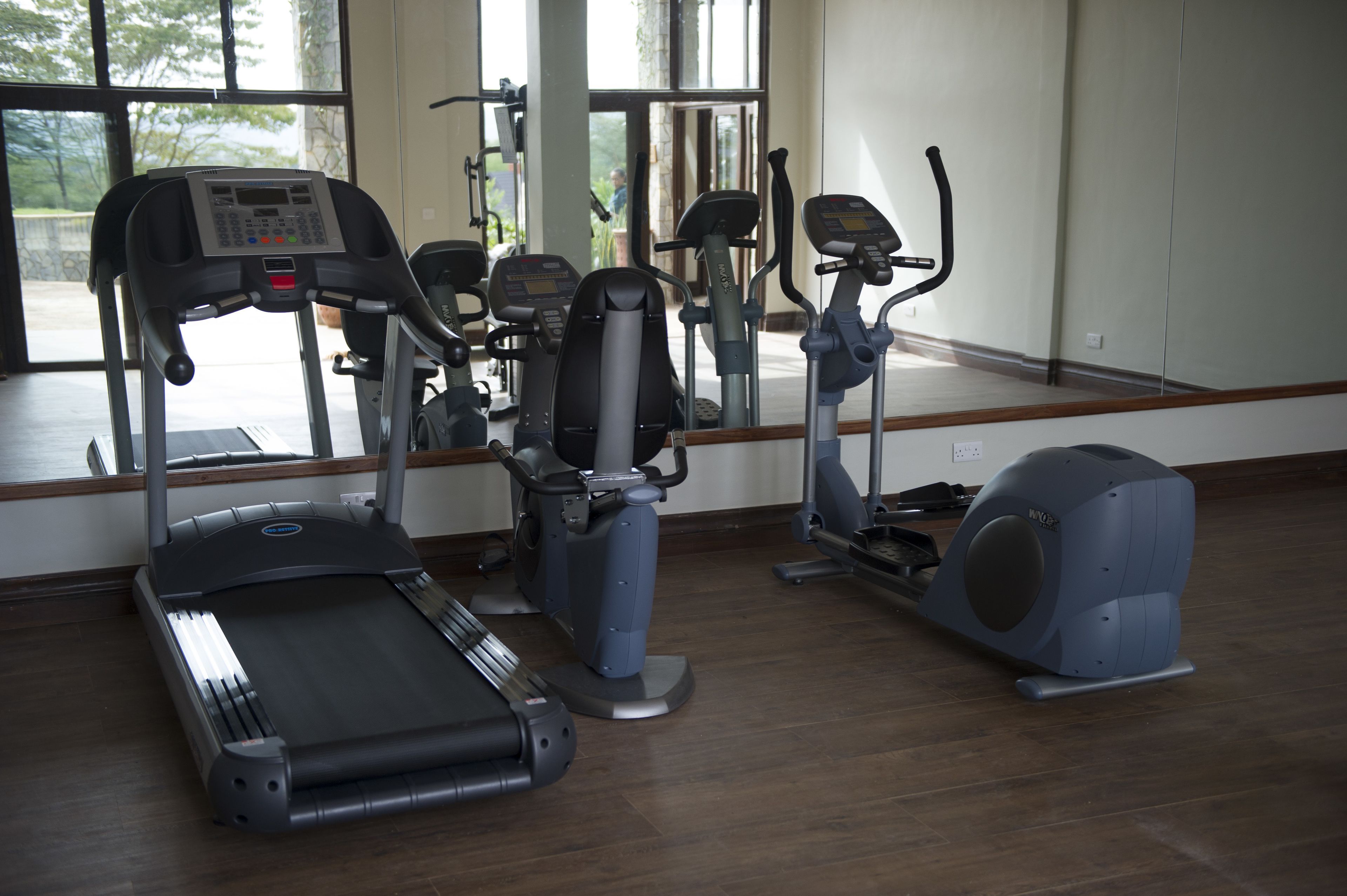 Ein Fitnessraum mit Cardiogeräten, einem Spiegel und großen Fenstern.