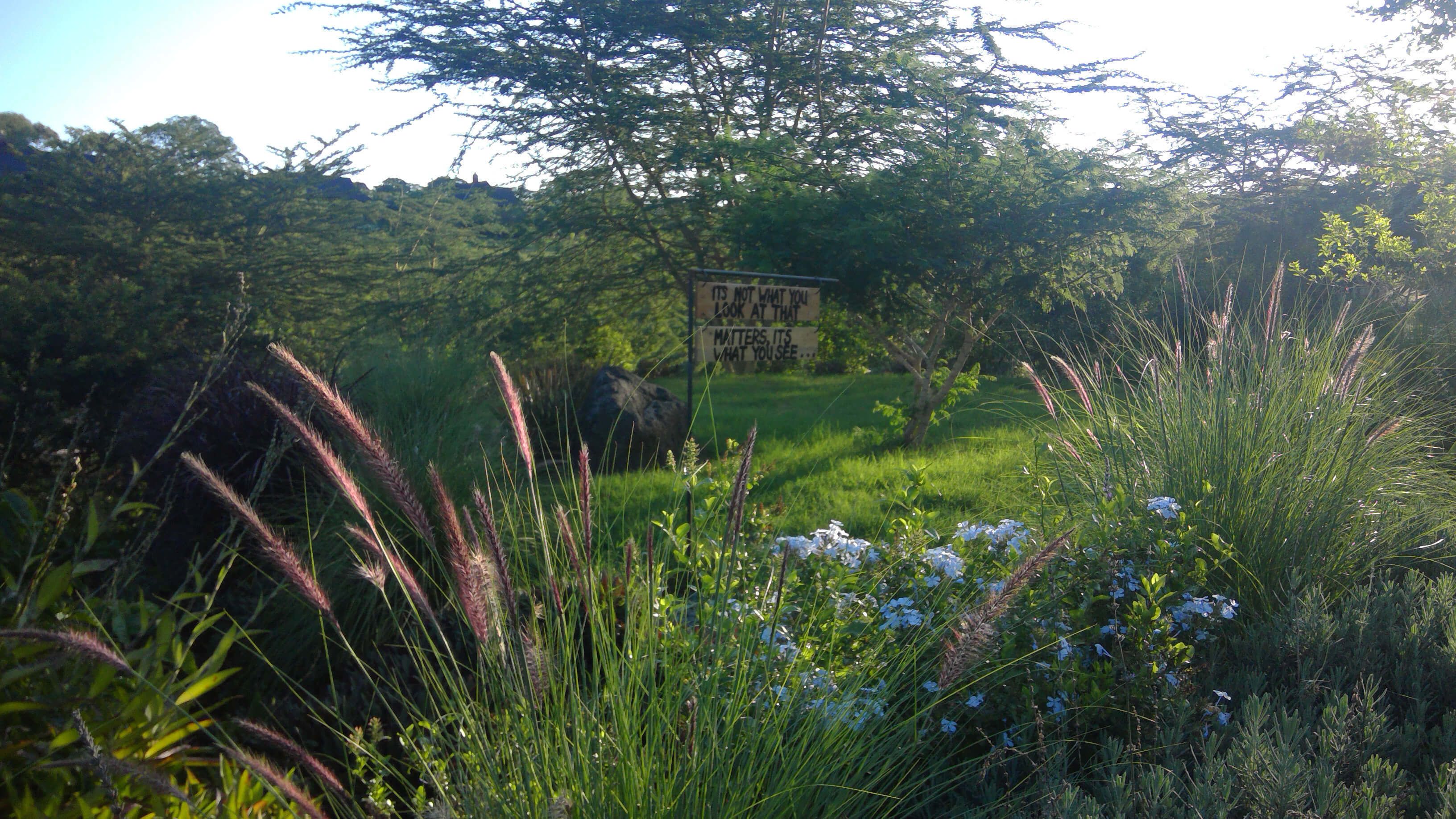 A sign in a natural setting with tall grasses and wildflowers.