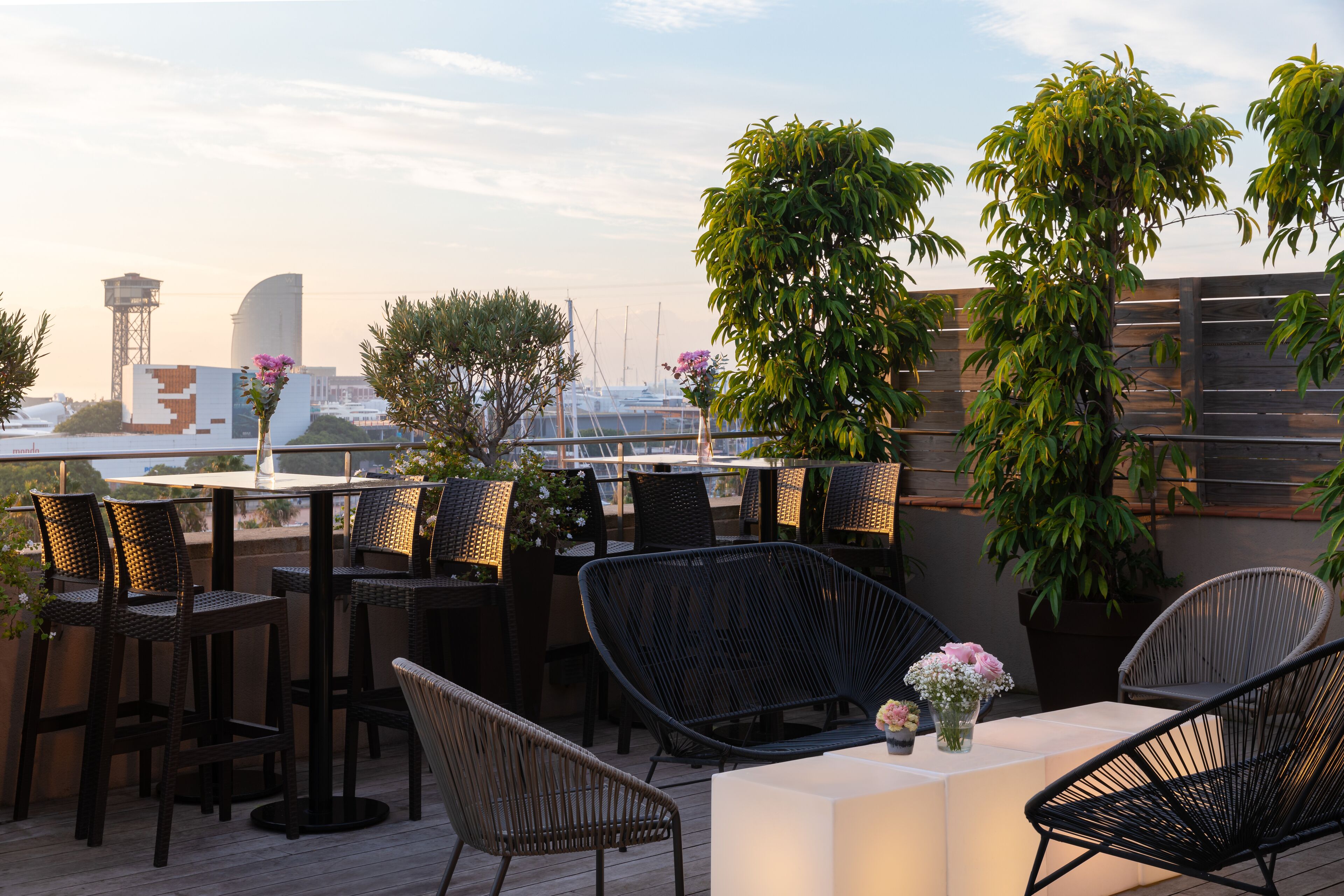An outdoor seating area with wicker chairs and tables, surrounded by potted plants and overlooking a cityscape.