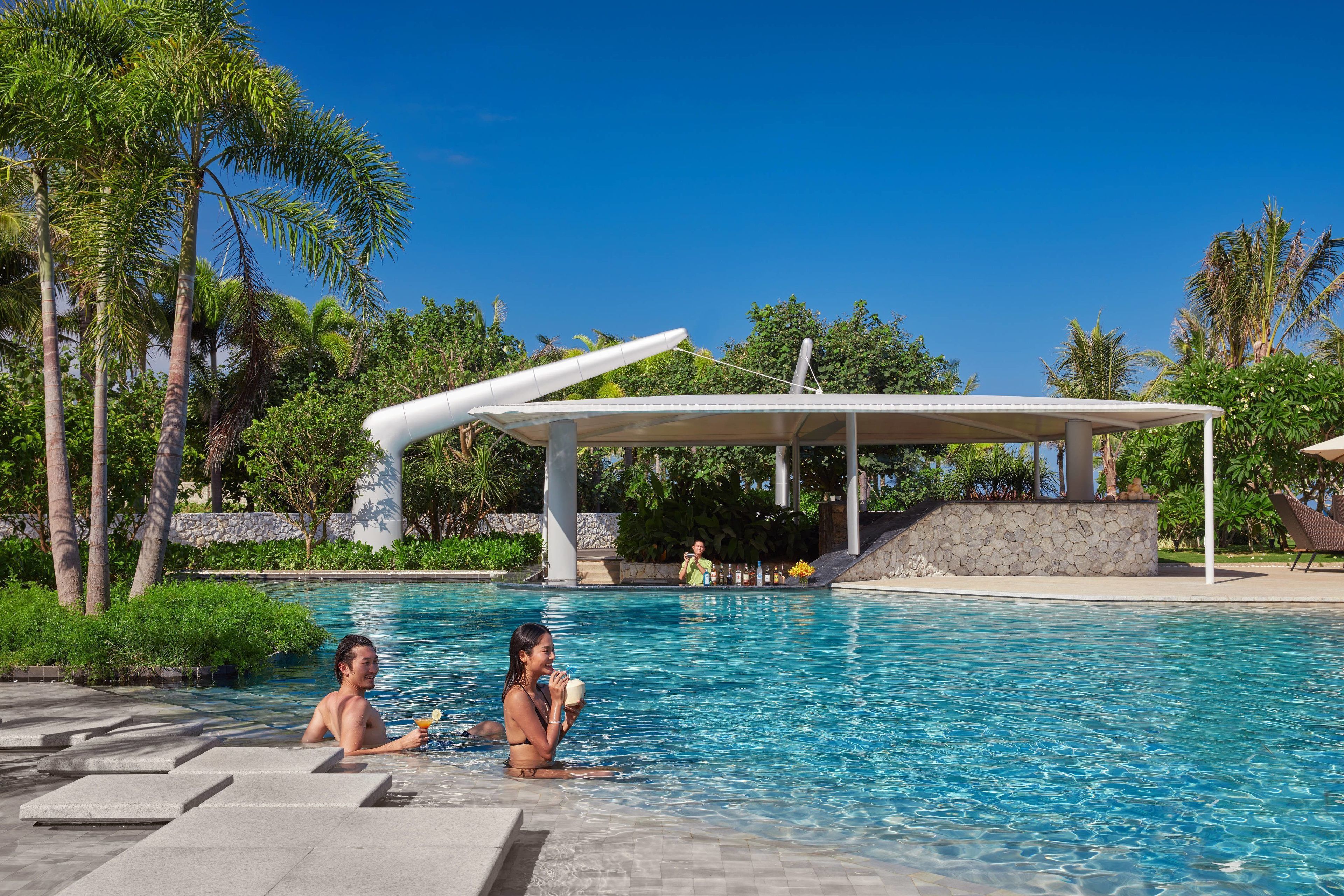A swimming pool with a covered area, palm trees, and a stone wall.