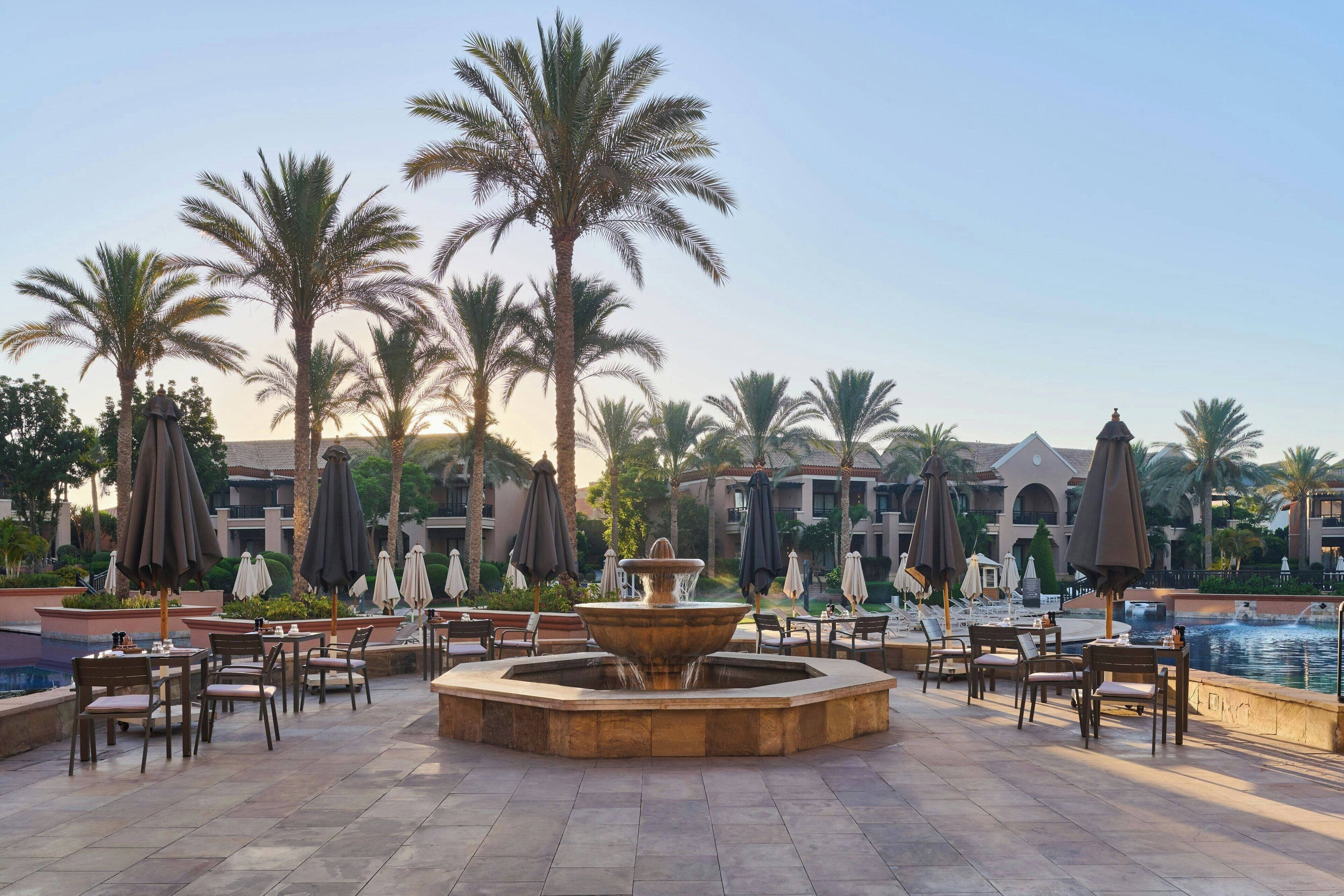 A rooftop terrace with a central fountain, palm trees, outdoor seating, and a pool.