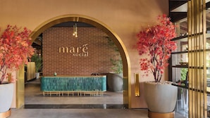 A reception area with a brick wall, a teal reception desk, and large potted plants with red foliage. - The Westin Cairo Golf Resort & Spa, Katameya Dunes (New Cairo)