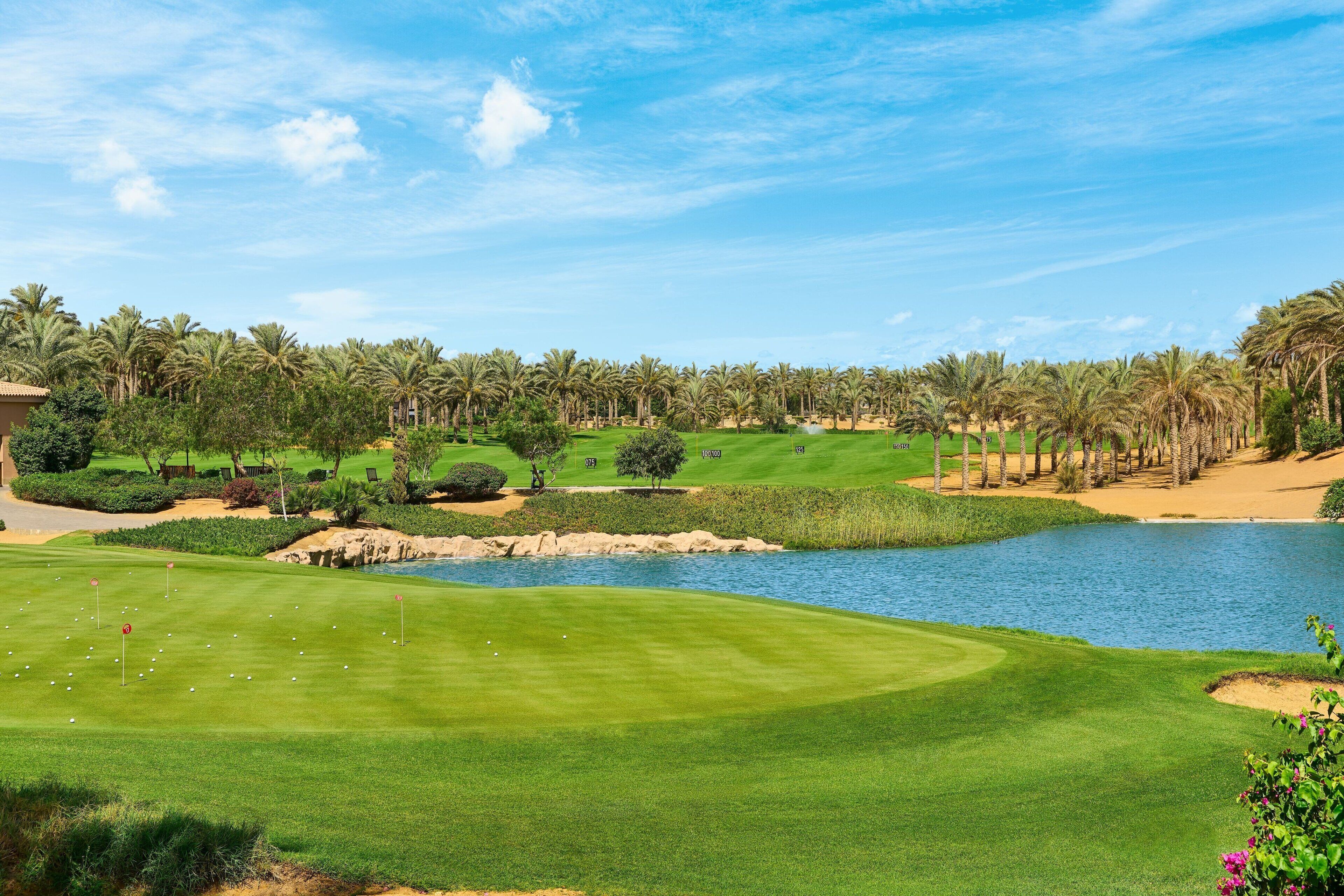 A golf course with a water body, palm trees, and a clear sky.