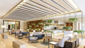 A spacious lobby with modern furniture, a high ceiling with linear lighting, and potted plants. - The Westin Cairo Golf Resort & Spa, Katameya Dunes (New Cairo)