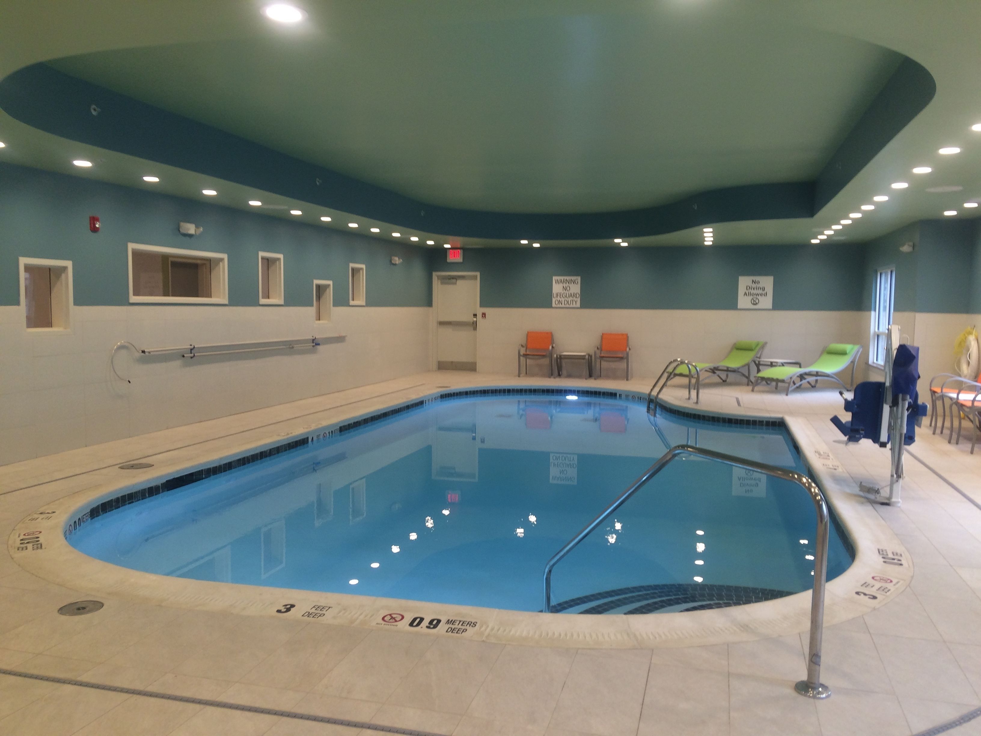 indoor pool, open 8 am to 10 pm, pool loungers