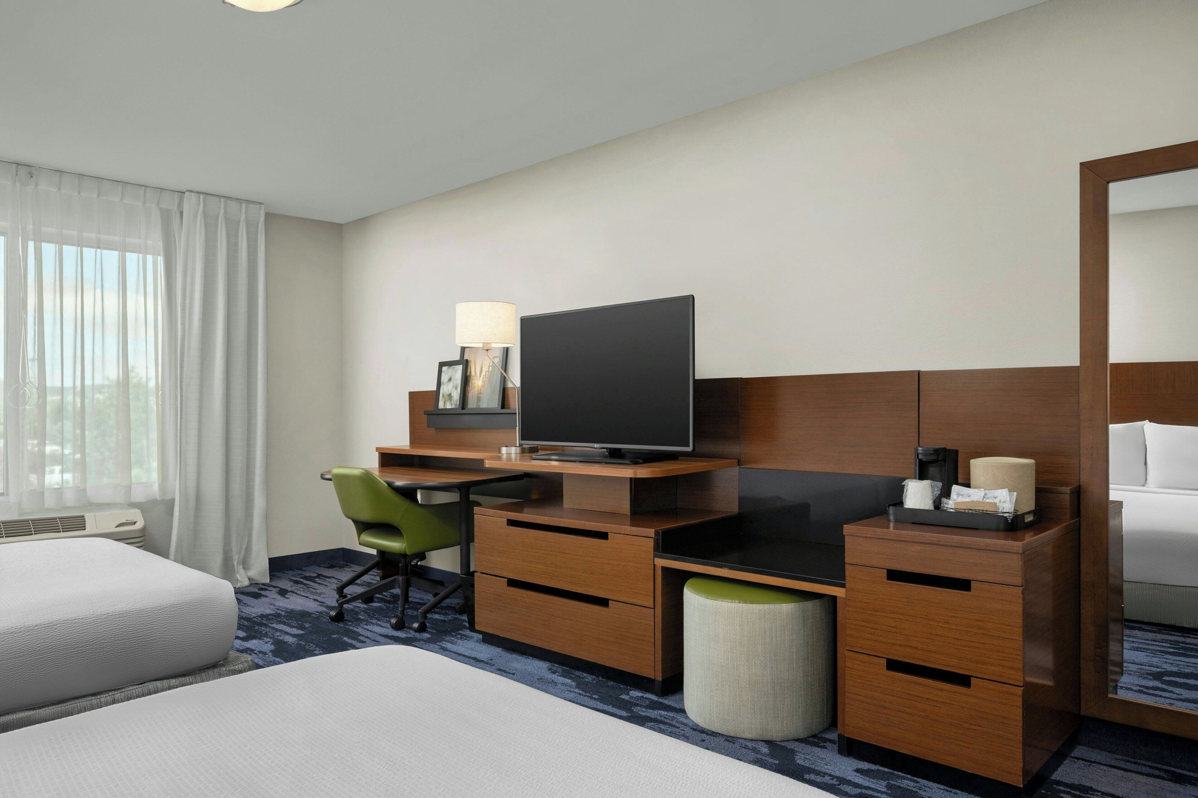 individually furnished, desk, laptop workspace, blackout curtains