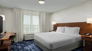 Individually furnished, desk, laptop workspace, blackout drapes