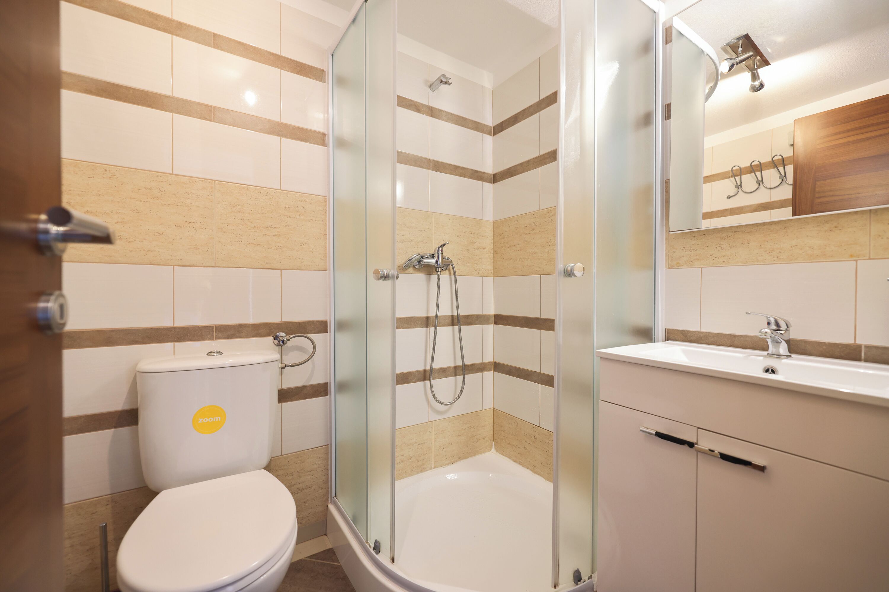 A bathroom with a glass-enclosed shower, a toilet, and a sink with a mirror above it.