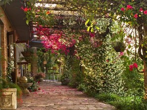 A stone pathway leading through a lush garden with flowering plants and a pergola structure. - Gerald's Gift Guest House (Addo)