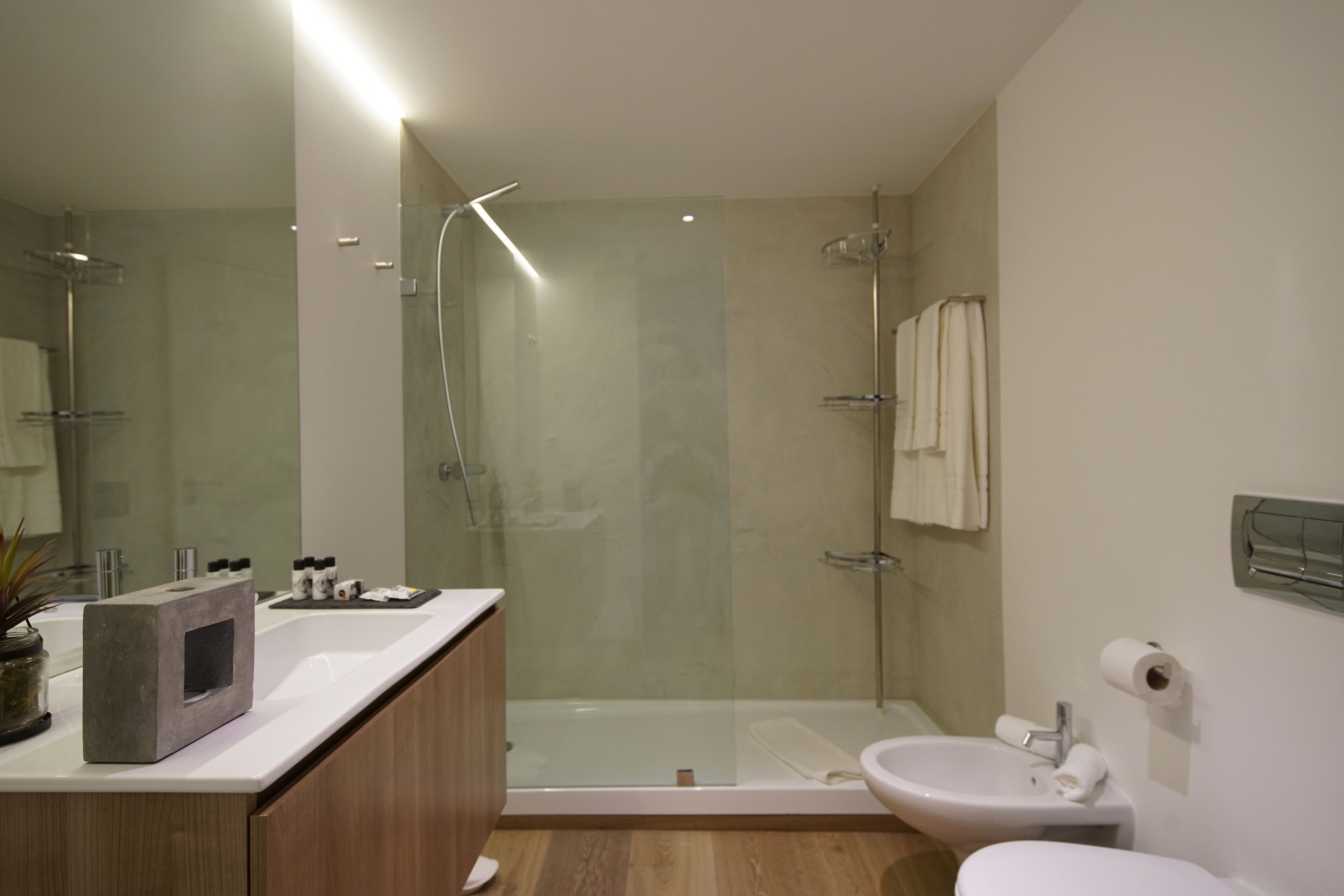 A modern bathroom with a glass-enclosed shower, a sink, and a toilet.