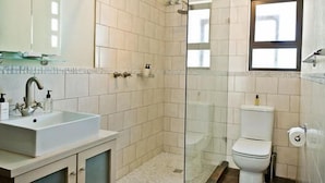A bathroom with a glass-enclosed shower, a white sink with a mirror above it, and a toilet with a roll of toilet paper on the wall. - Galton House (Windhoek)
