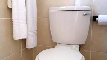 Een wit toilet met tank, een handdoekhouder met twee handdoeken en een wc-papierhouder.