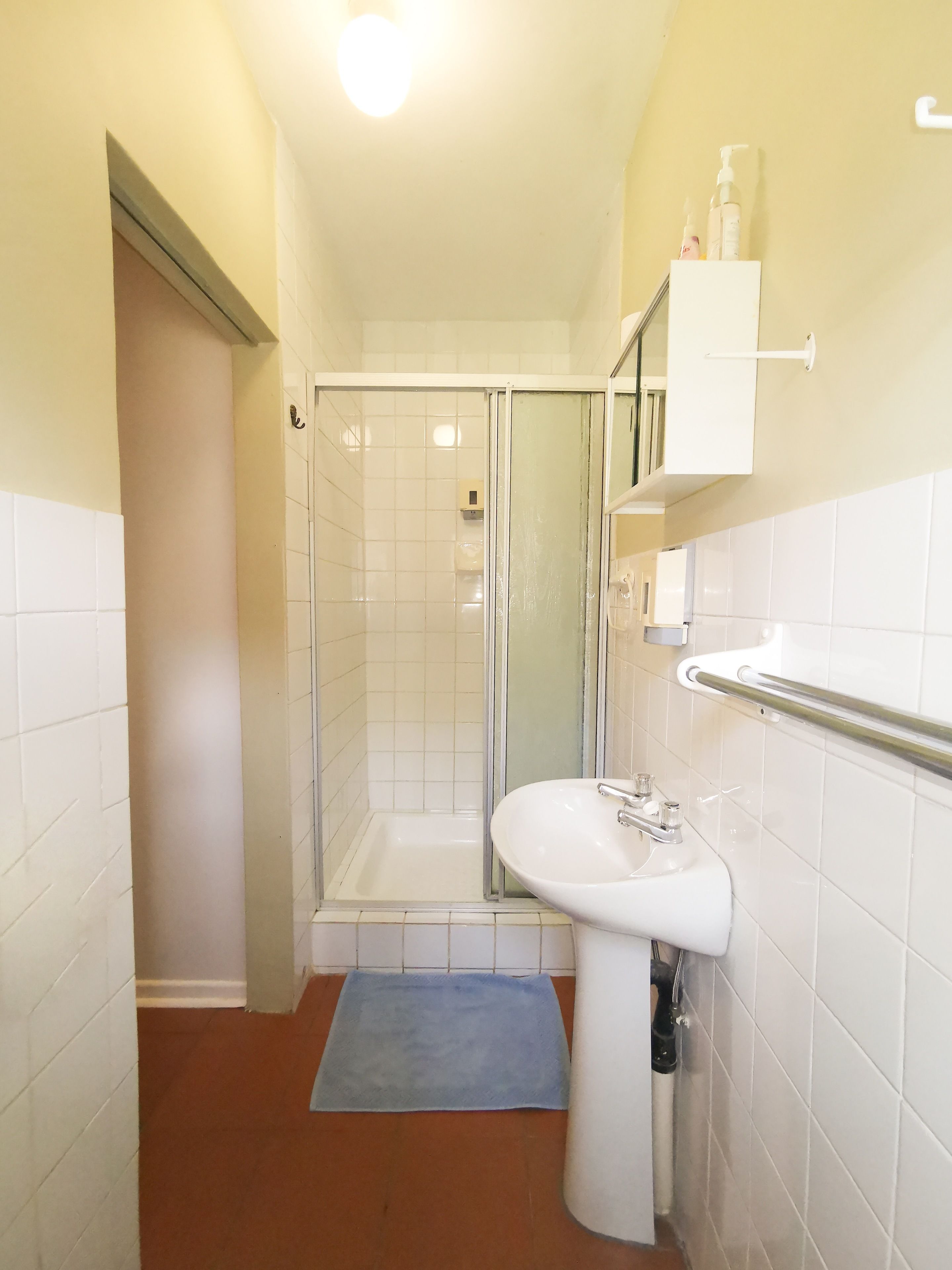 A bathroom with a glass shower enclosure, a white sink with a mirror, and a towel rack.
