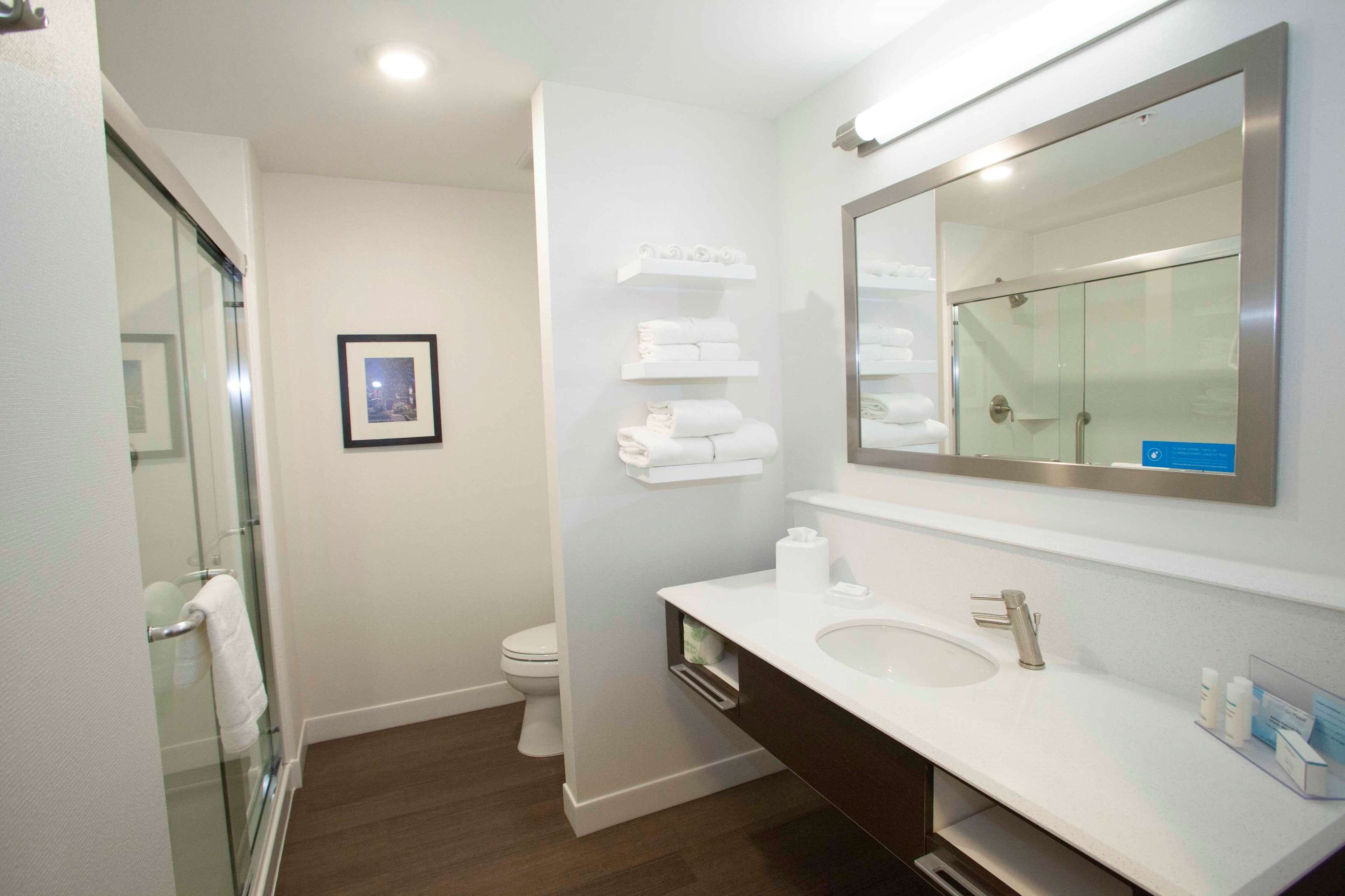 A modern bathroom with a glass shower enclosure, a white sink, and a large mirror.