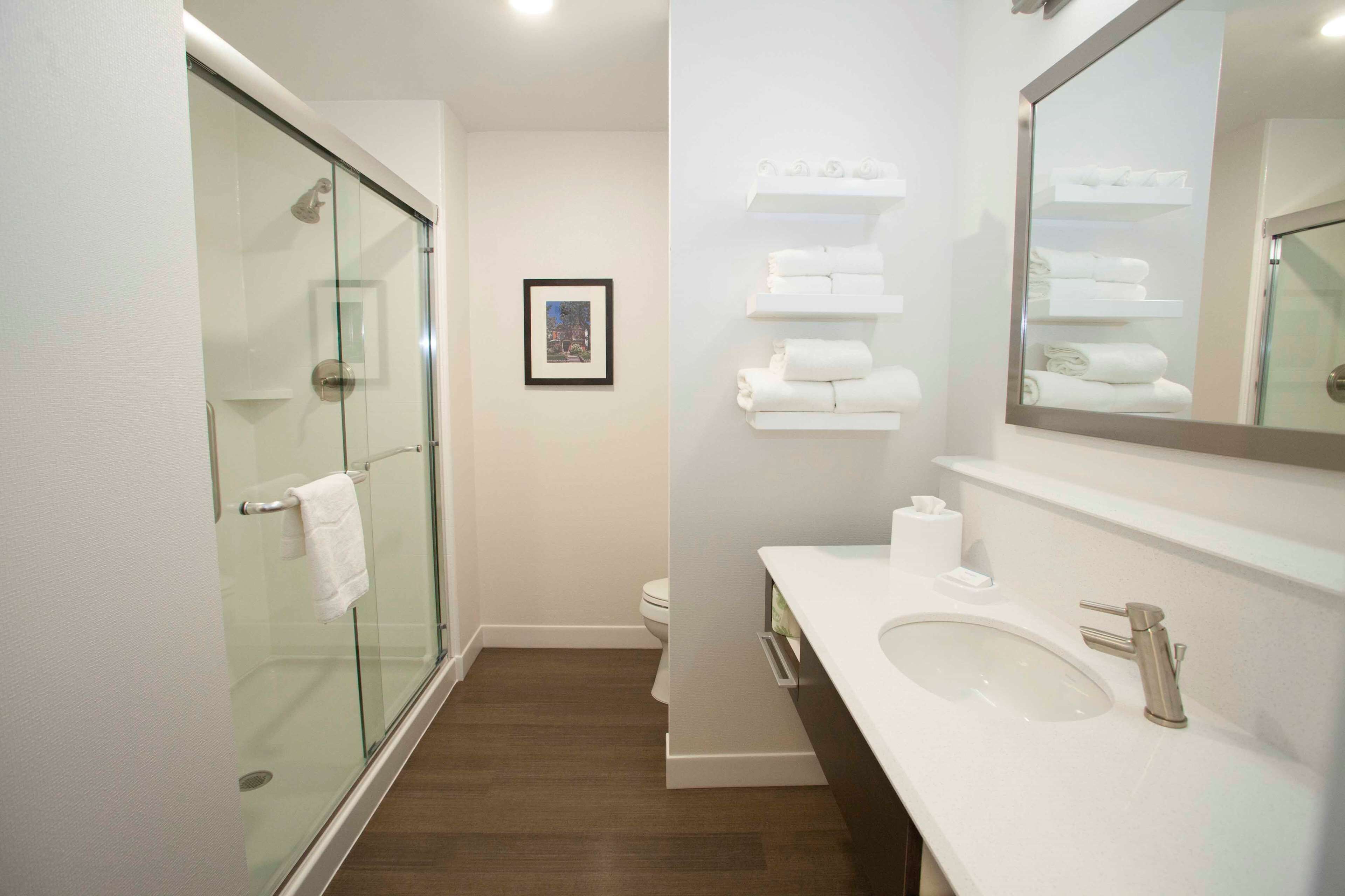 combined shower/bathtub, free toiletries, hair dryer, towels