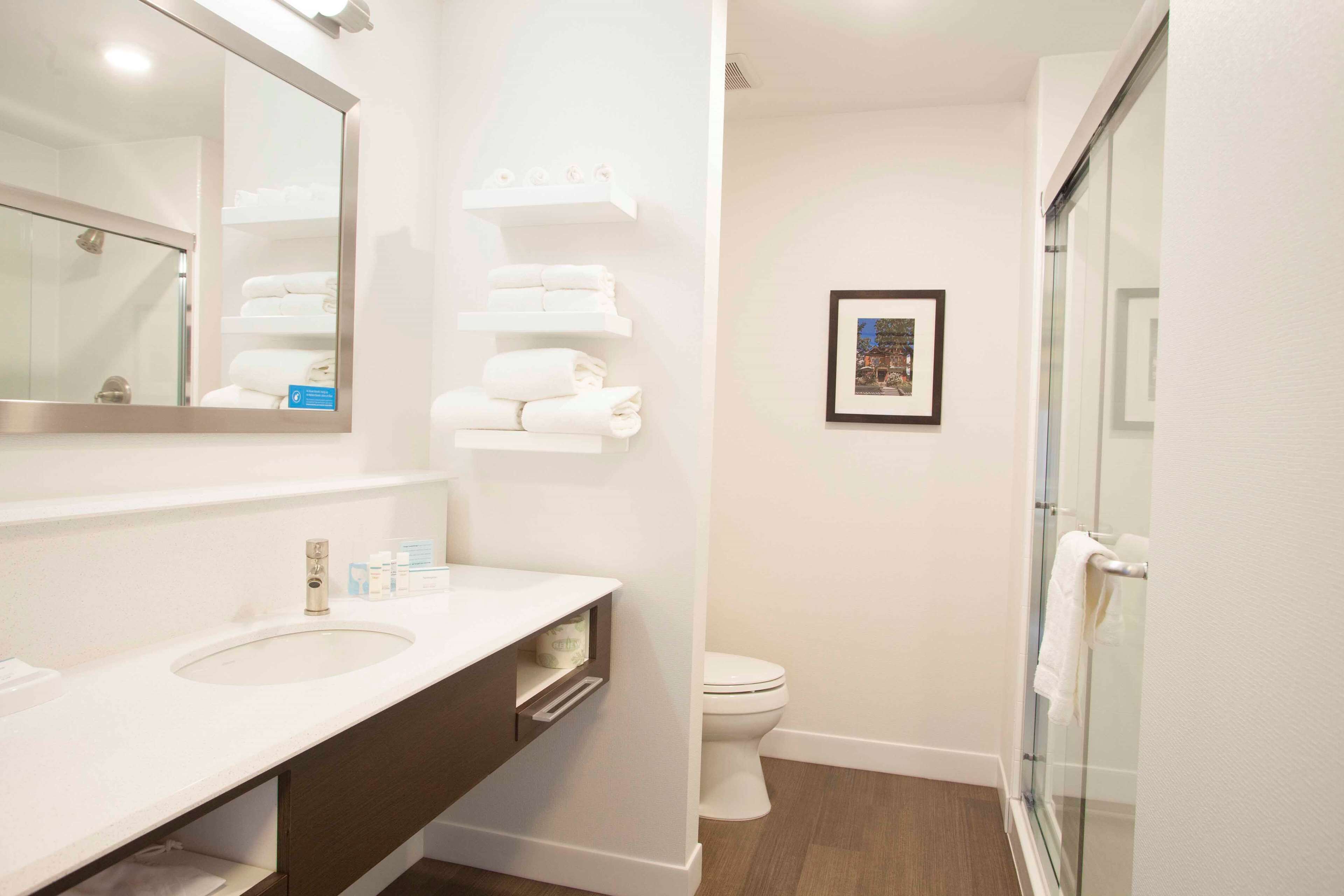 Une salle de bain moderne avec un grand miroir, un lavabo, des toilettes et une douche à parois de verre.