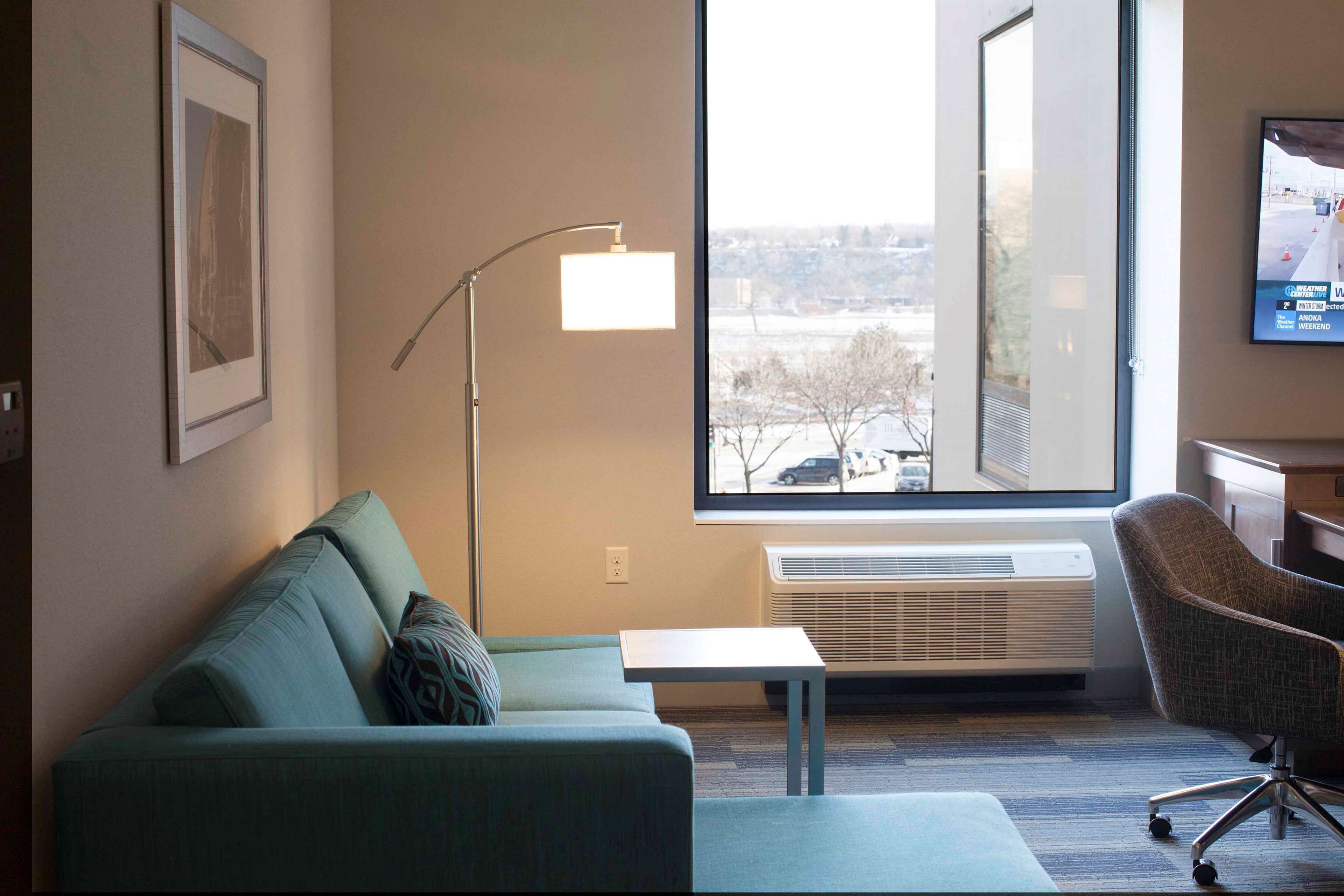 desk, laptop workspace, blackout curtains, iron/ironing board