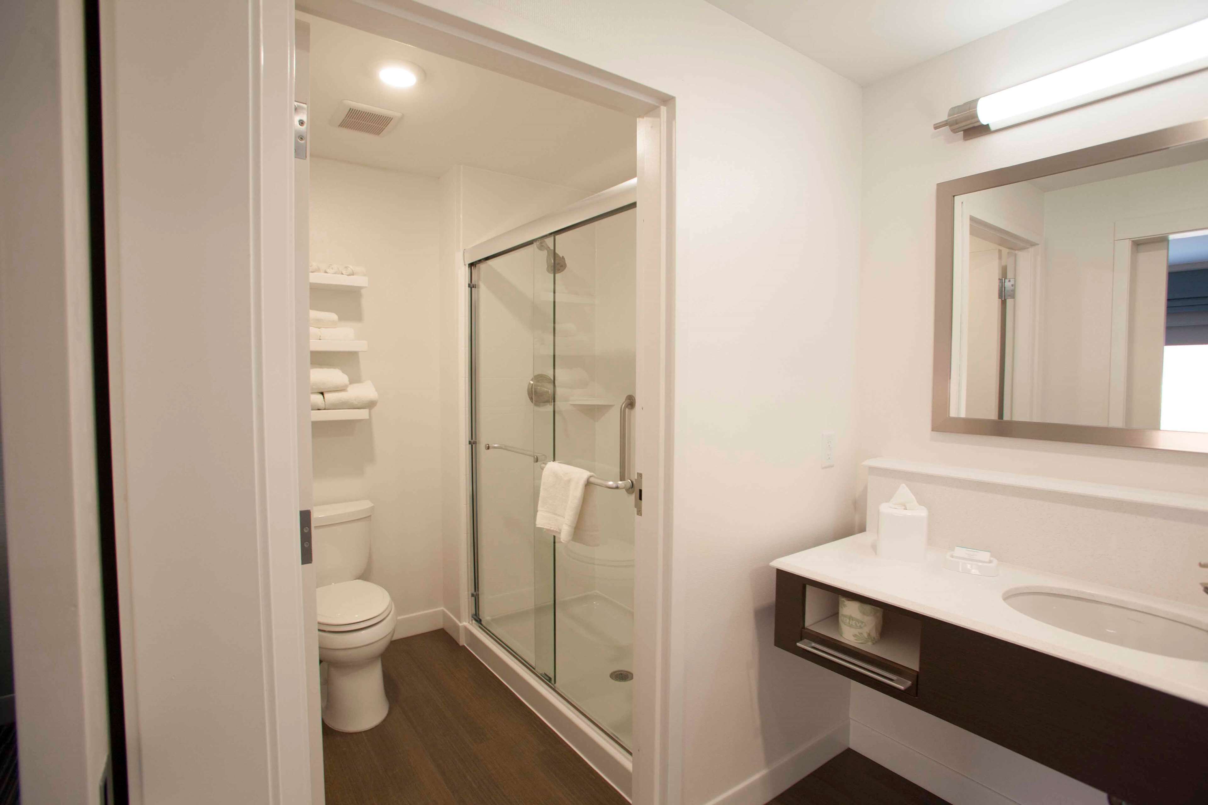 combined shower/bathtub, free toiletries, hair dryer, towels