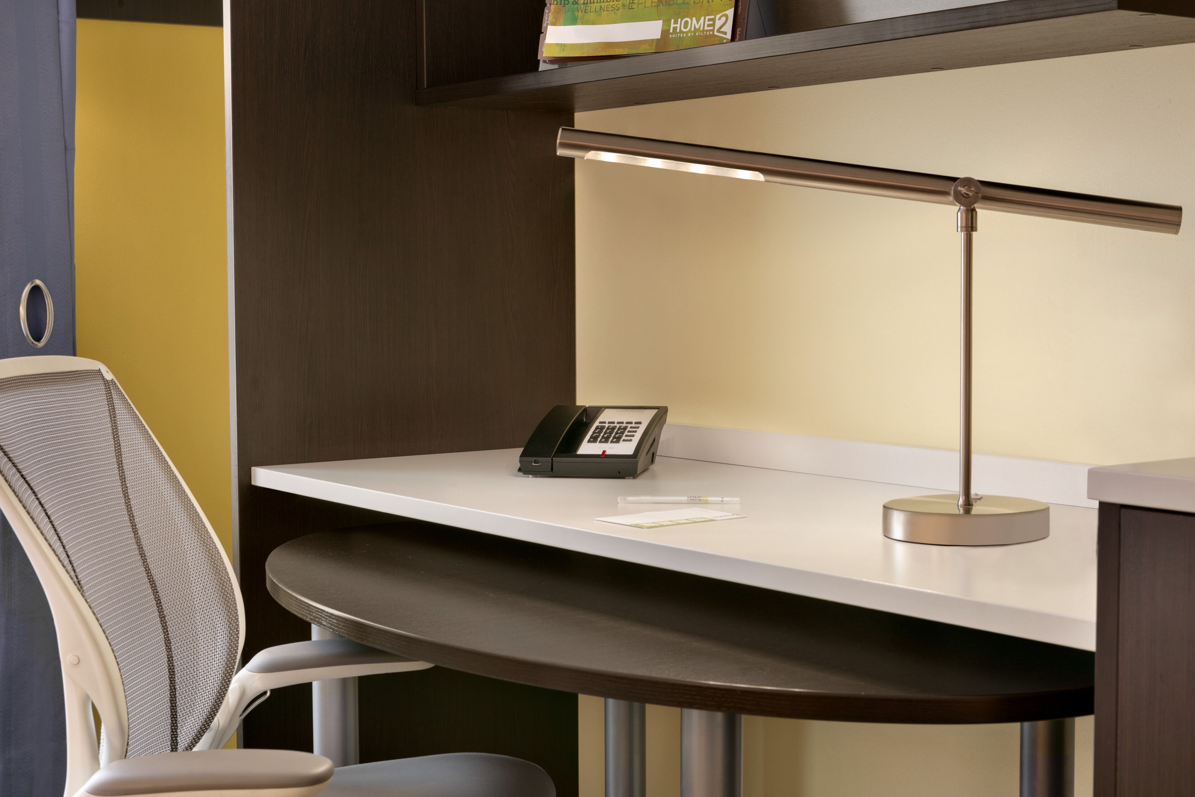 premium bedding, desk, laptop workspace, blackout curtains