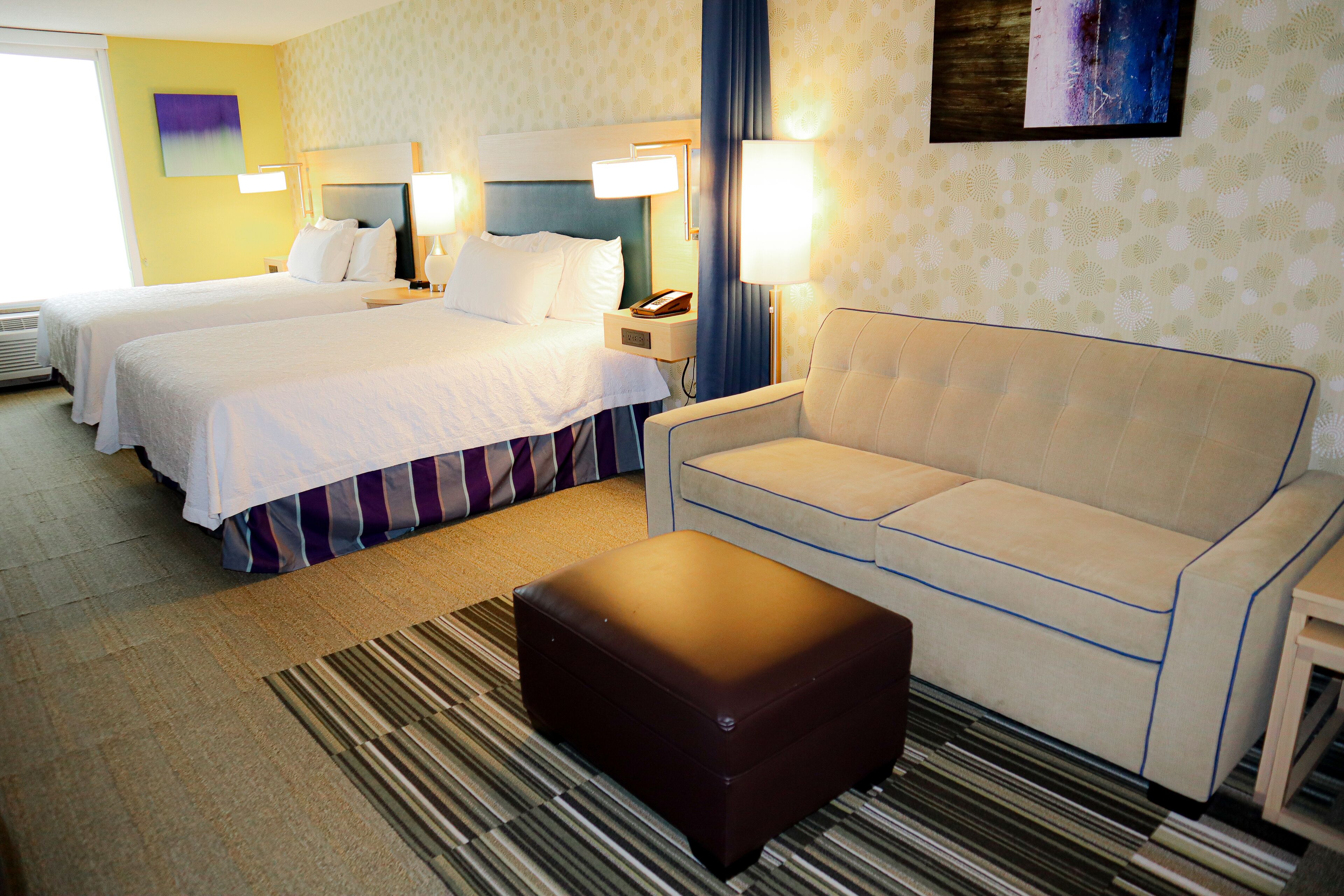 premium bedding, desk, laptop workspace, blackout curtains