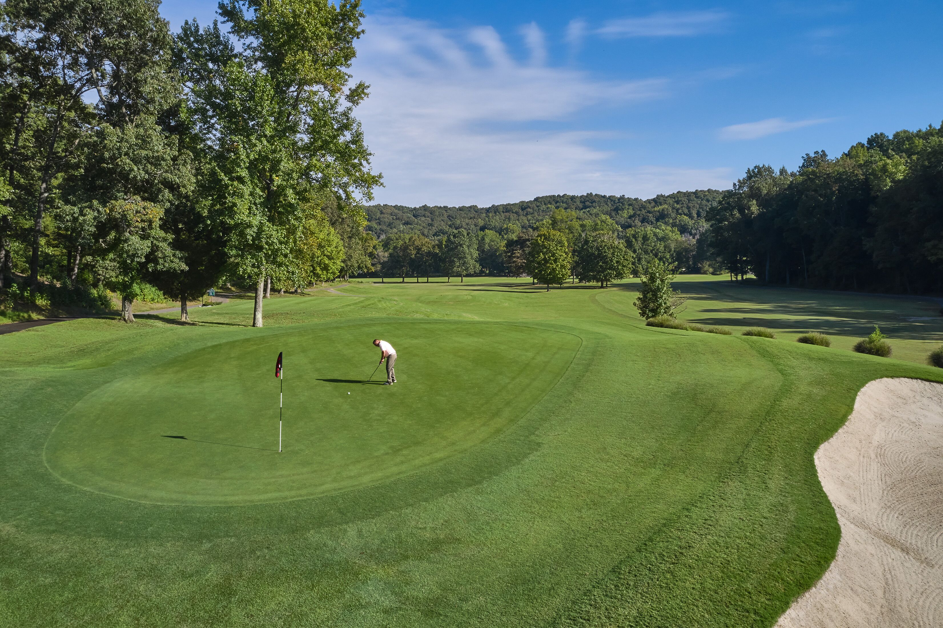 A golf course with a putting green, sand bunkers, and a forested background.
