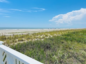 Une plage avec une clôture en bois, des dunes herbeuses et l’océan en arrière-plan.