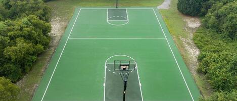 An aerial view of a basketball court with two hoops, surrounded by trees.