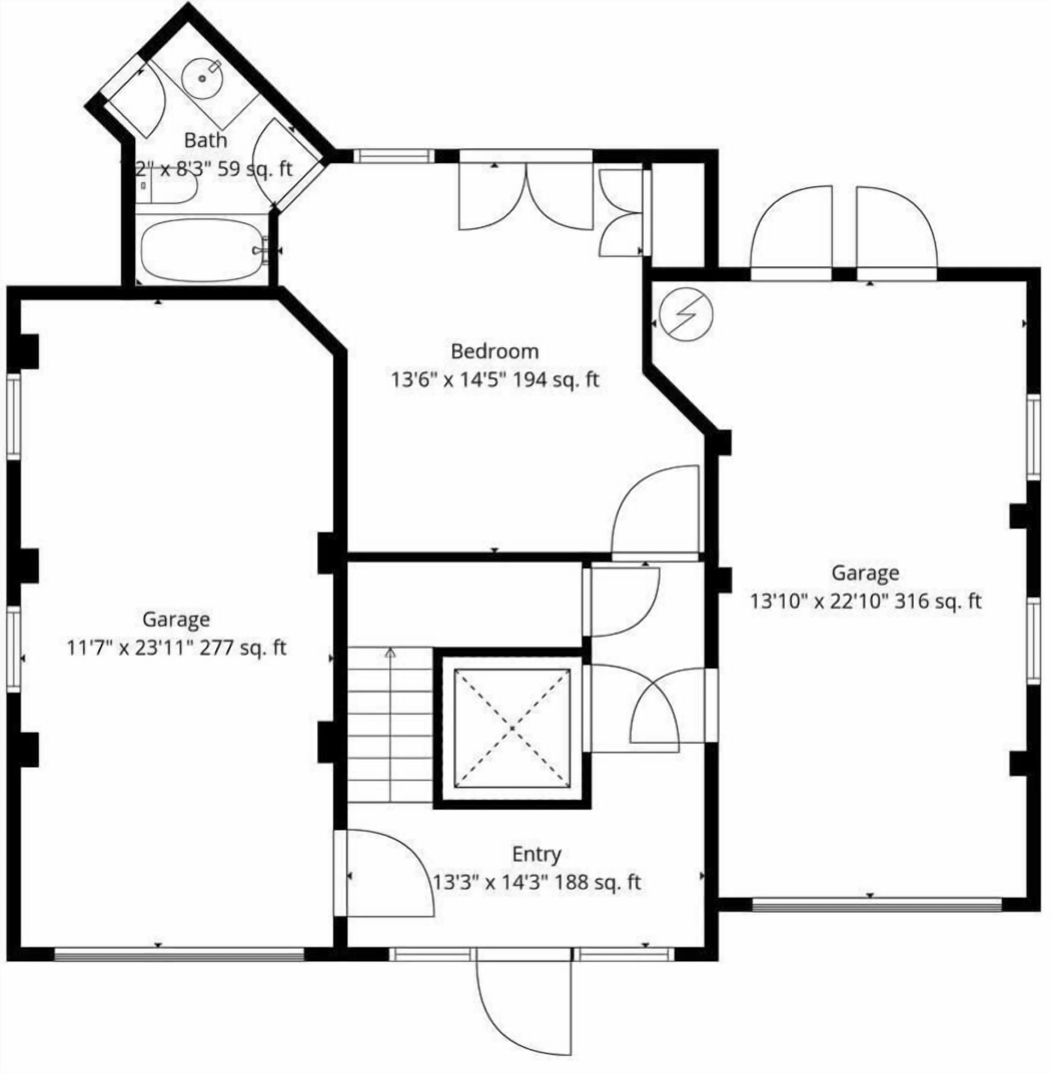 A floor plan with a bedroom, two garages, a bathroom, and an entryway.