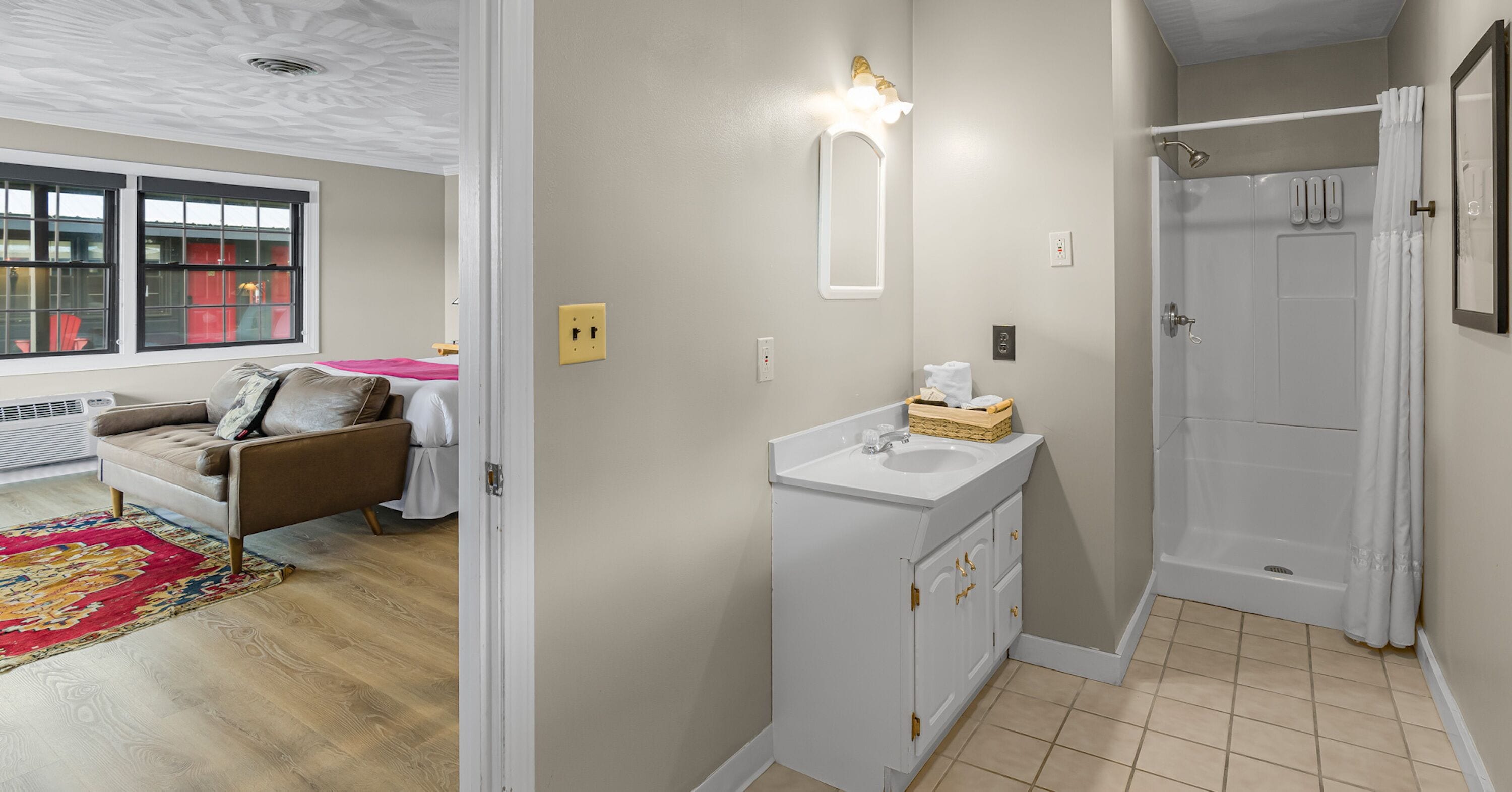 A modern bathroom with a shower, a sink with a basket, and a mirror.