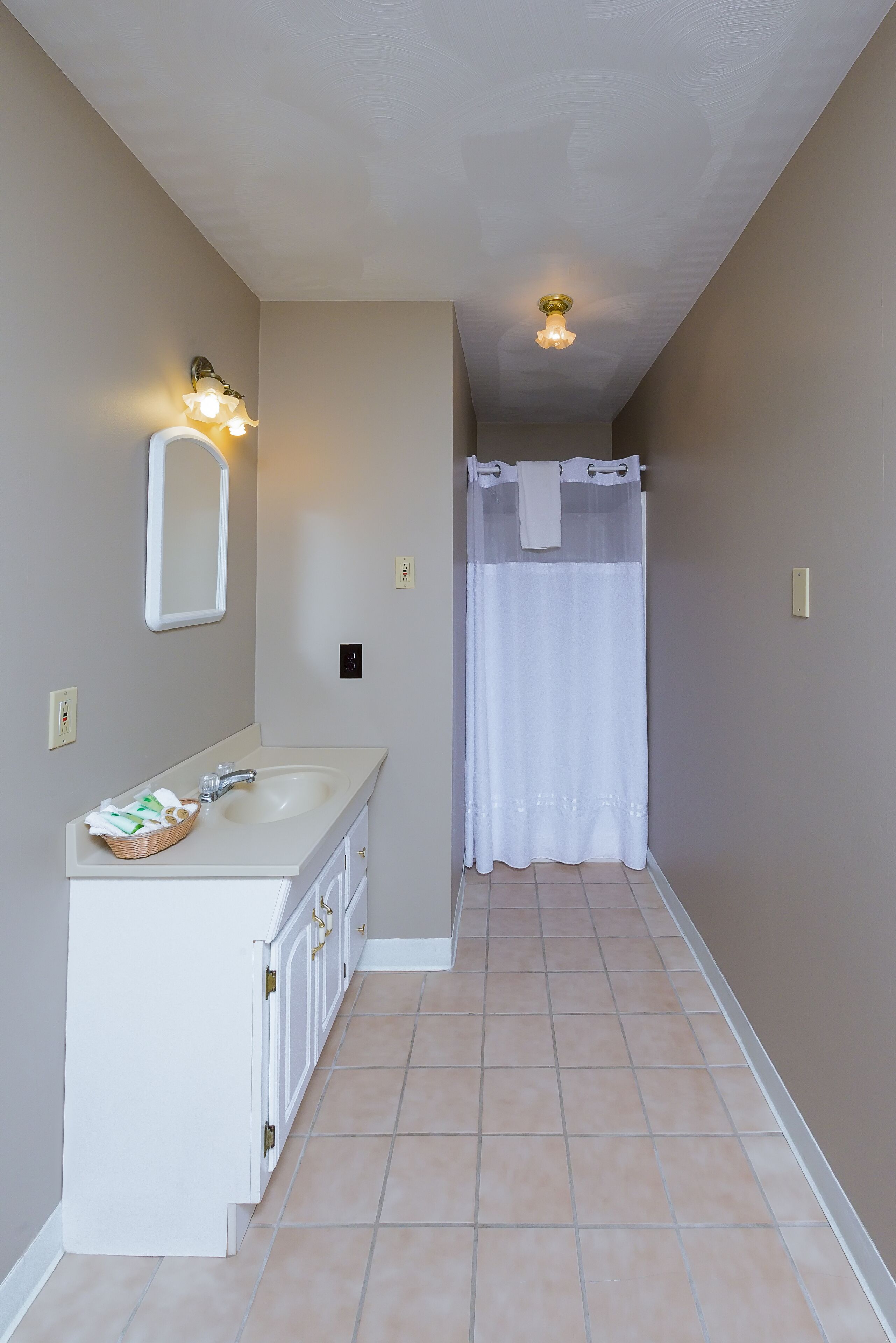 A bathroom with a sink, mirror, and shower curtain.