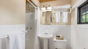 Un baño con ducha, lavabo, inodoro y perchero para toallas.