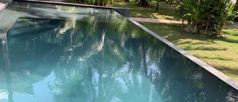 Ein klares Schwimmbecken, umgeben von üppigem Grün und einer Holzkonstruktion.