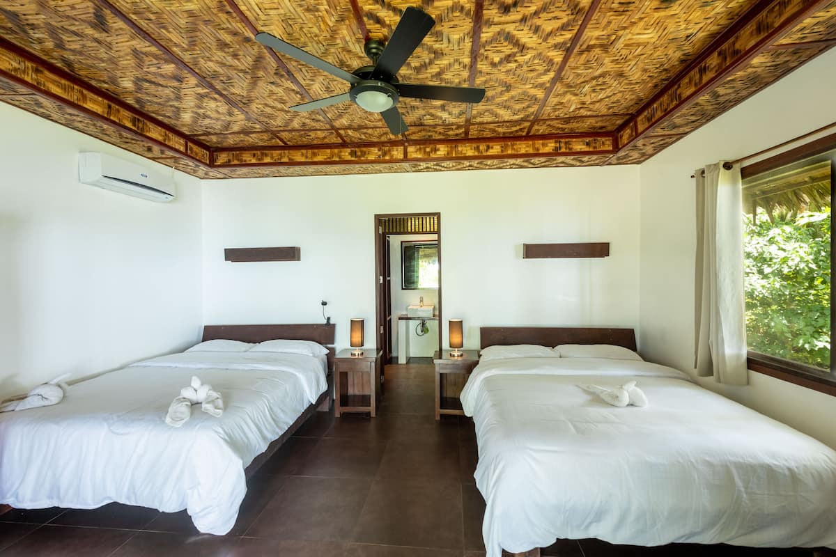 Une chambre d’hôtel avec deux lits, un ventilateur de plafond, un appareil de climatisation et une vue sur la verdure par la fenêtre.