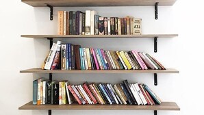 A bookshelf with multiple shelves filled with books, a black pendant light, and a decorative plant.