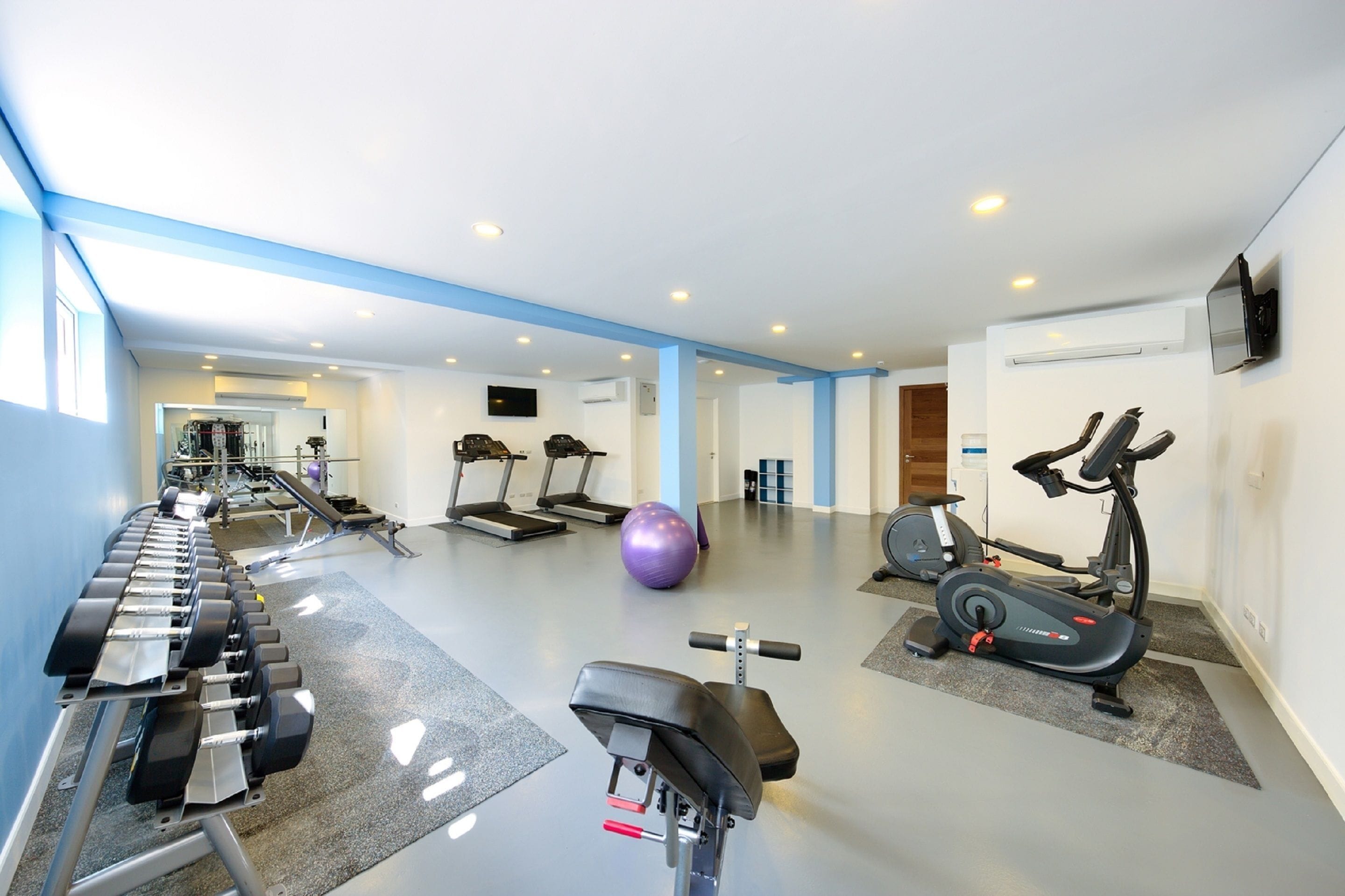 A modern gym with treadmills, elliptical machines, free weights, and exercise balls.