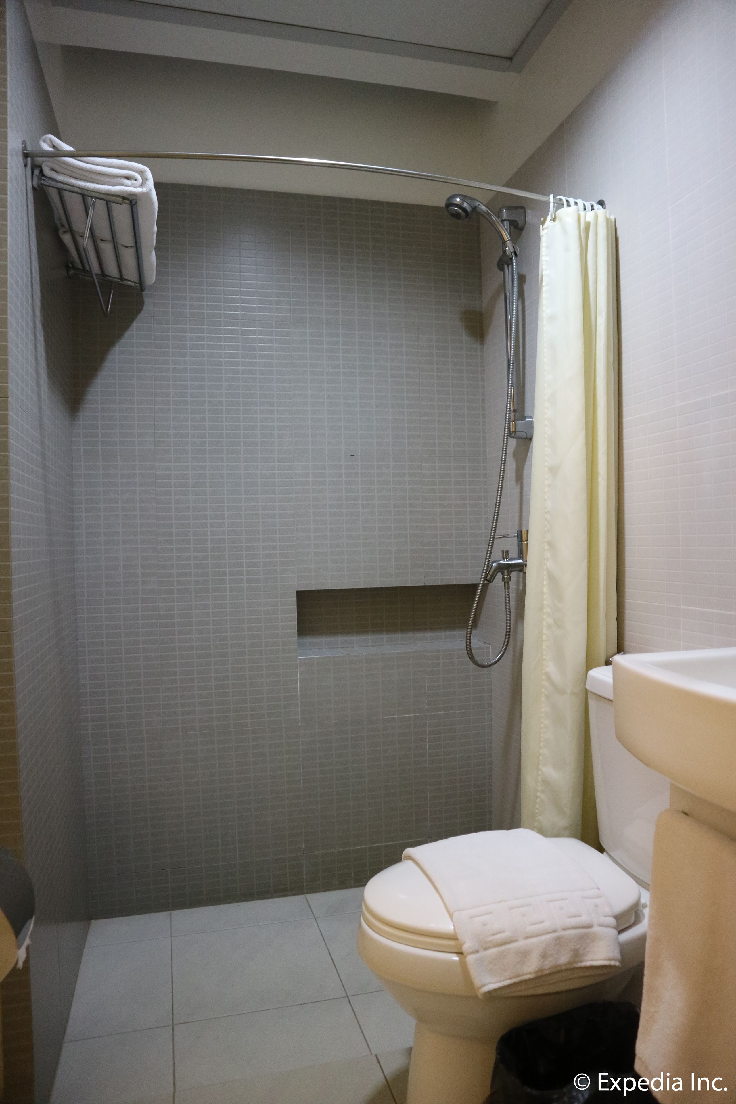 Une salle de bain équipée d’une douche, de toilettes et d’un porte-serviettes.