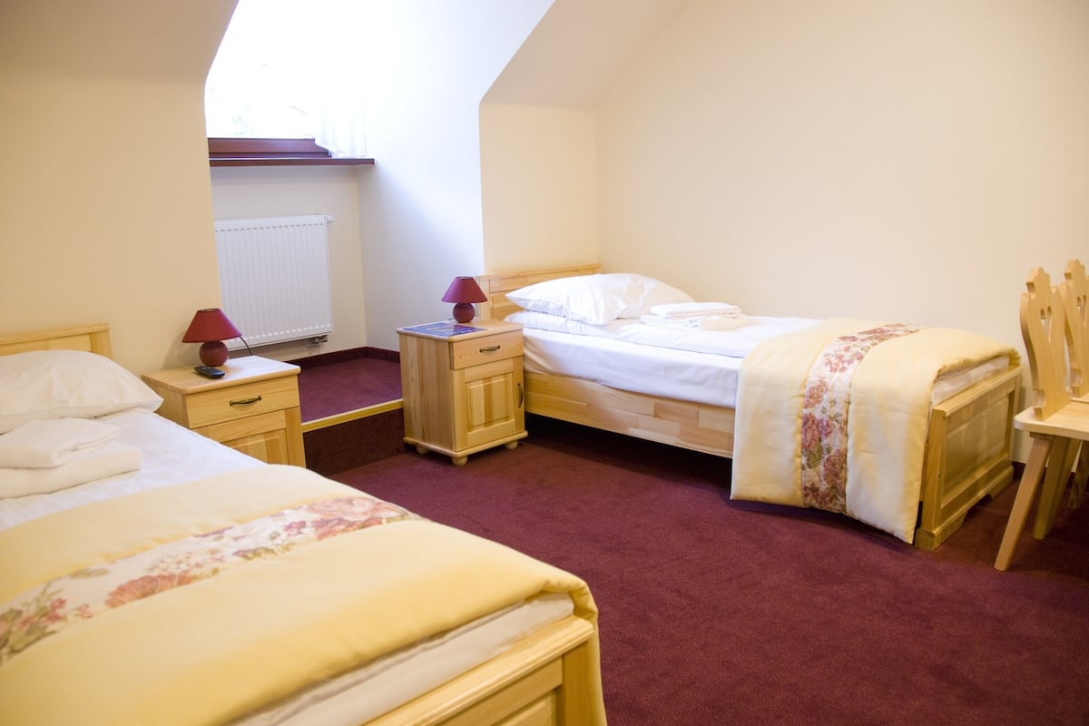 A bedroom with two beds, a wooden nightstand, a small cabinet, and a radiator.