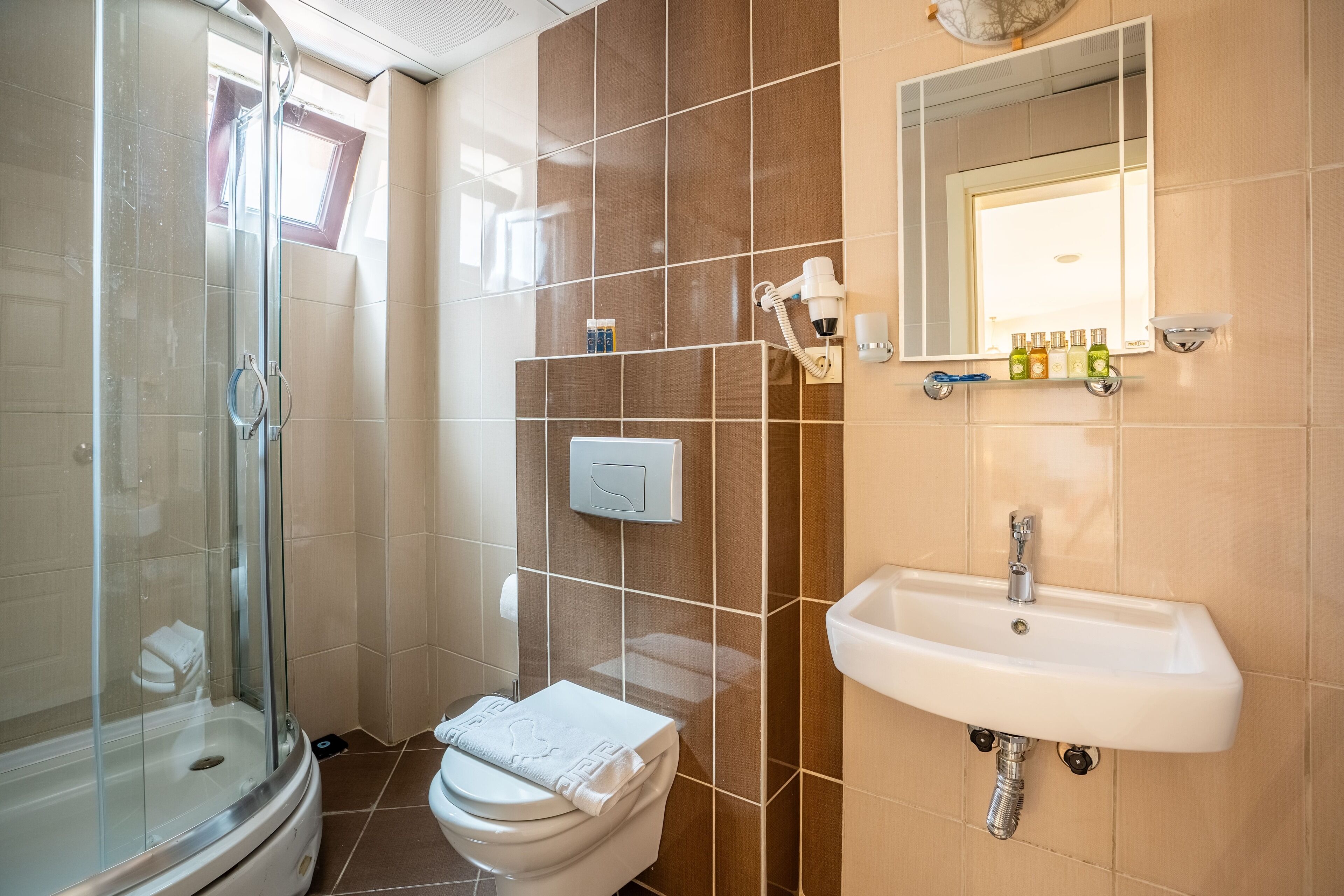 A modern bathroom with a glass-enclosed shower, a toilet, and a sink with a mirror above it.