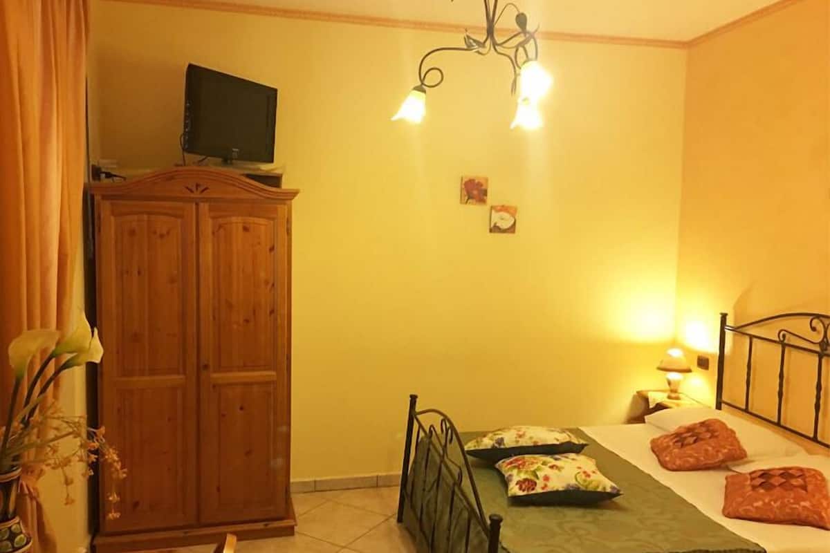 Un dormitorio con un armario de madera, una cama con almohadas estampadas, una lámpara de noche y un televisor encima del armario.