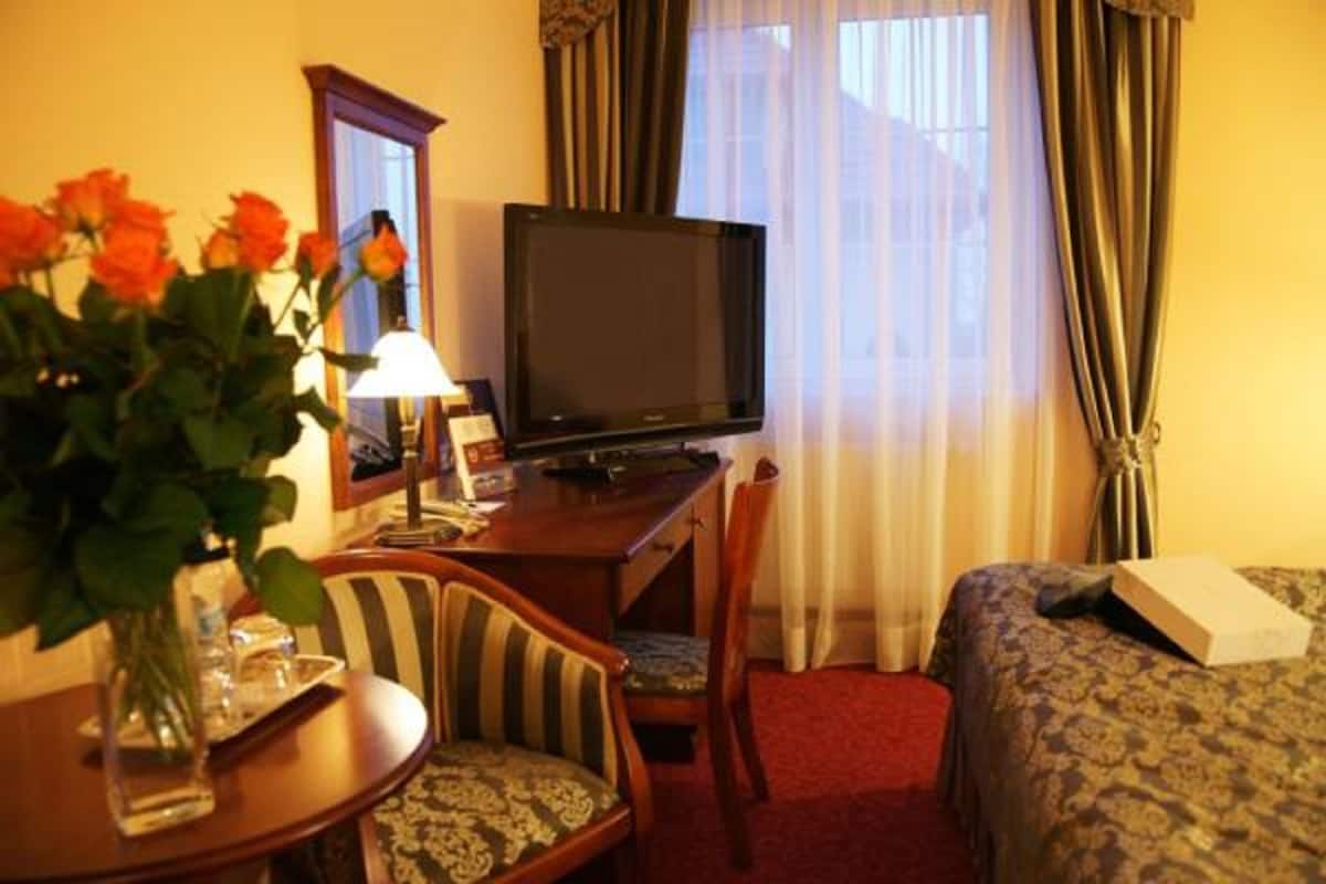 Una habitación de hotel con una cama, un escritorio con televisor, una silla y un florero con flores.