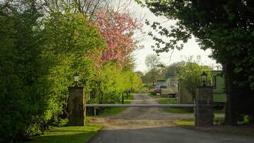 A rural road leading to a gated entrance with a stone lamp post and a metal gate.