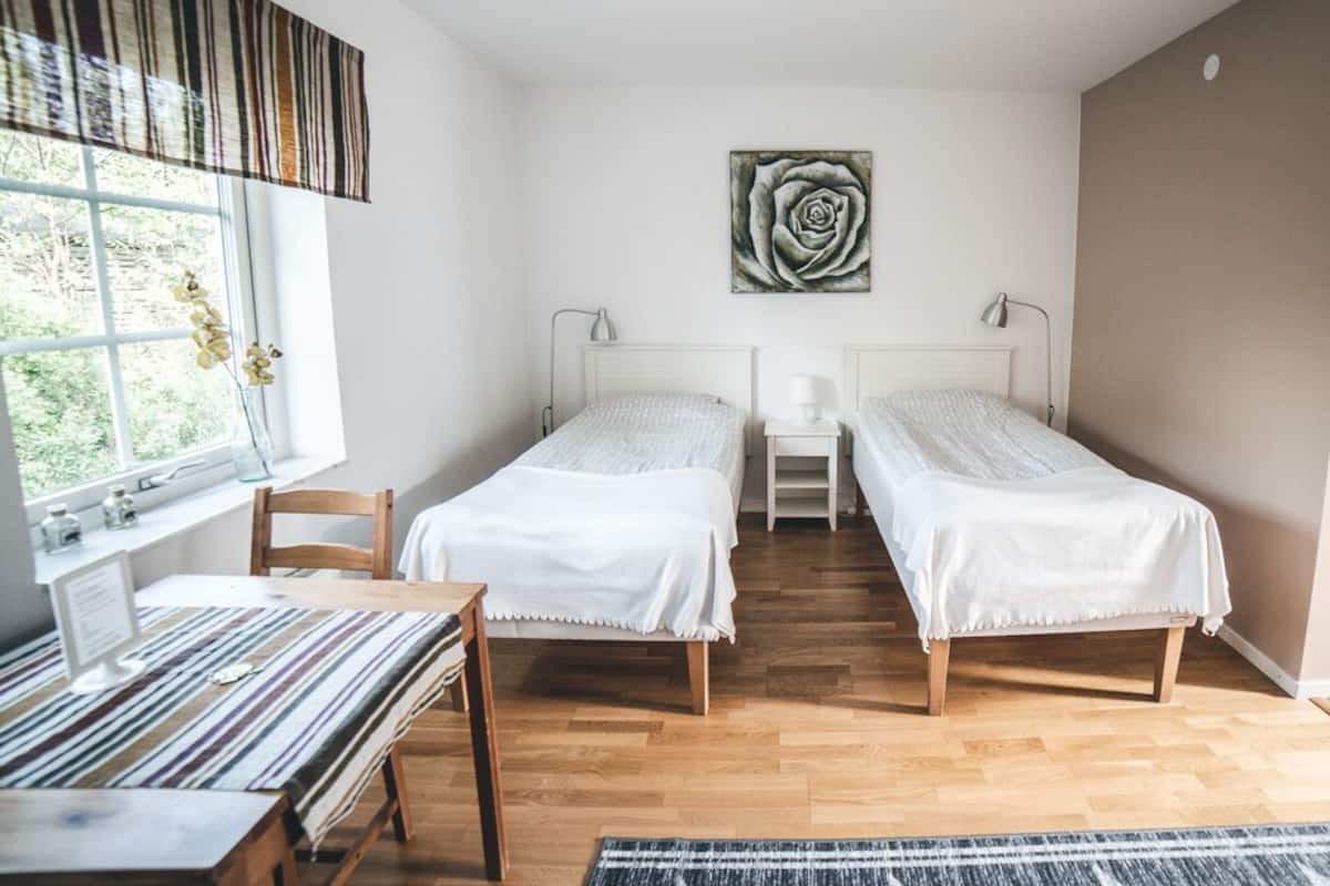 Ein Zimmer mit zwei Einzelbetten, einem Schreibtisch mit Computer, einem Fenster mit Vorhängen und einem Rosenbild an der Wand.
