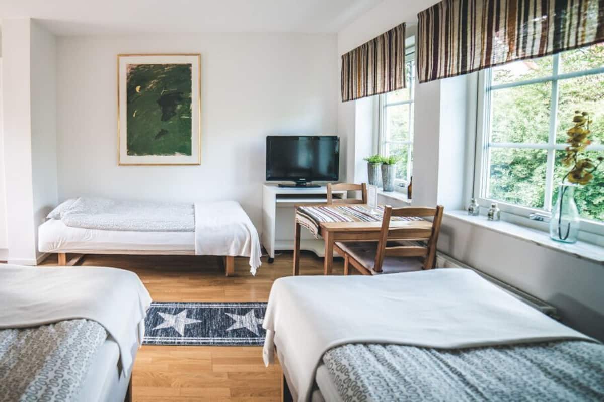Ein Zimmer mit zwei Betten, einem Schreibtisch mit Stuhl, einem Fernseher und einem Fenster mit Blick ins Grüne.