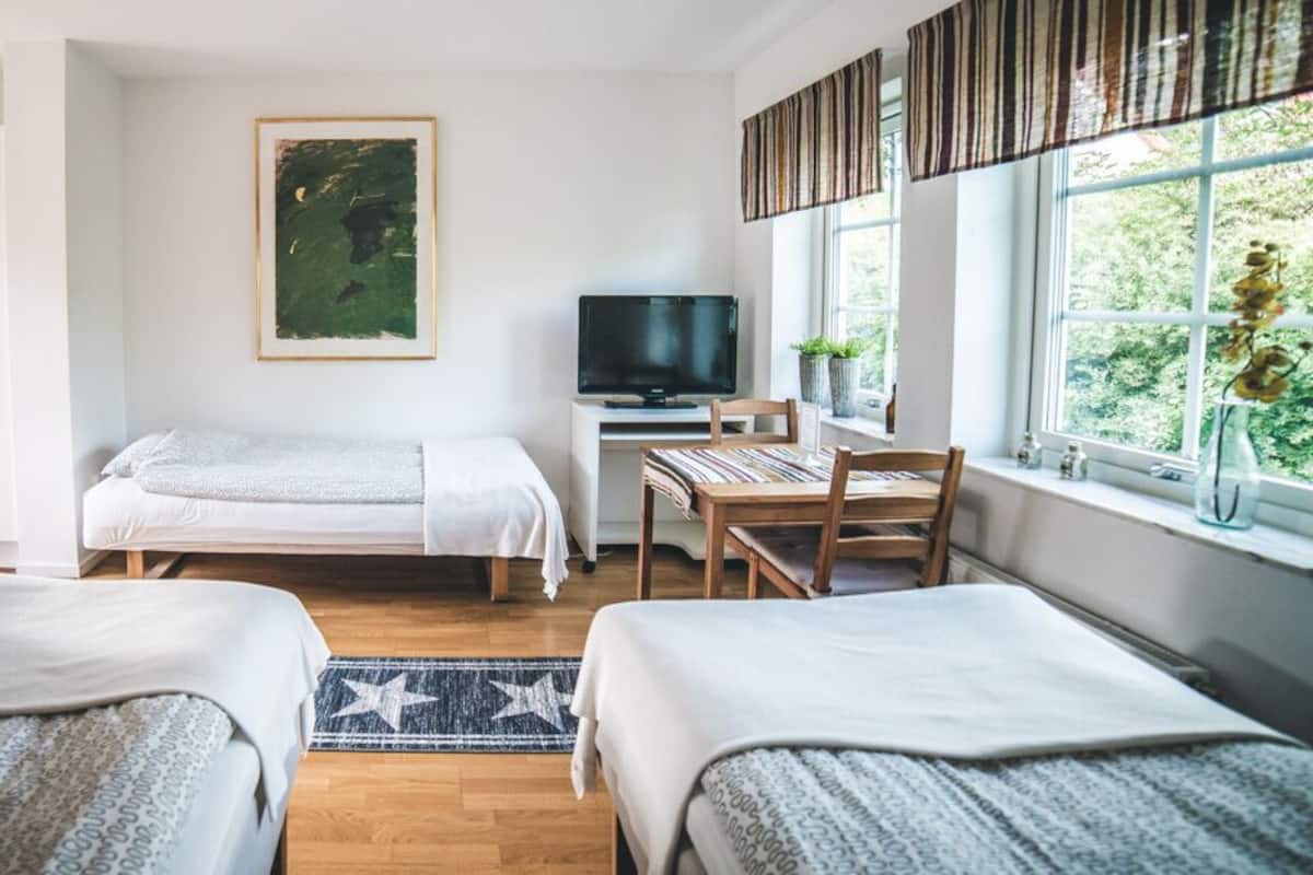 Ein Schlafzimmer mit zwei Einzelbetten, einem Schreibtisch mit Stuhl, einem Fernseher und einem Fenster mit Blick auf Grünflächen.